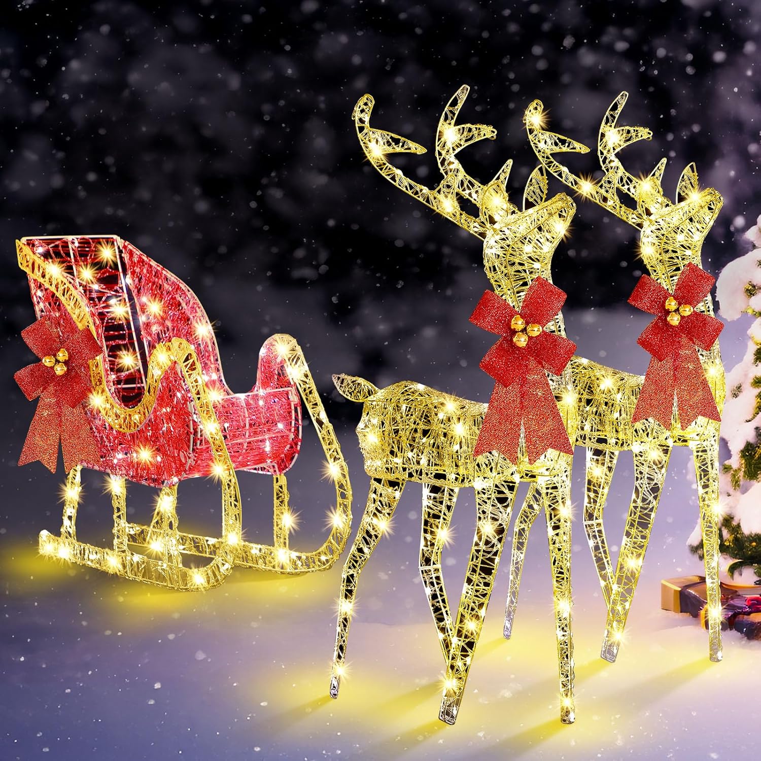 3 Piece Lighted Christmas Reindeer and Sleigh 4 ft Reindeer and Sleigh Outdoor Decorations Yard Decorations with LED Lights and Bow Tie for Yard, Garden, Lawn Decoration(Gold,Acrylic)