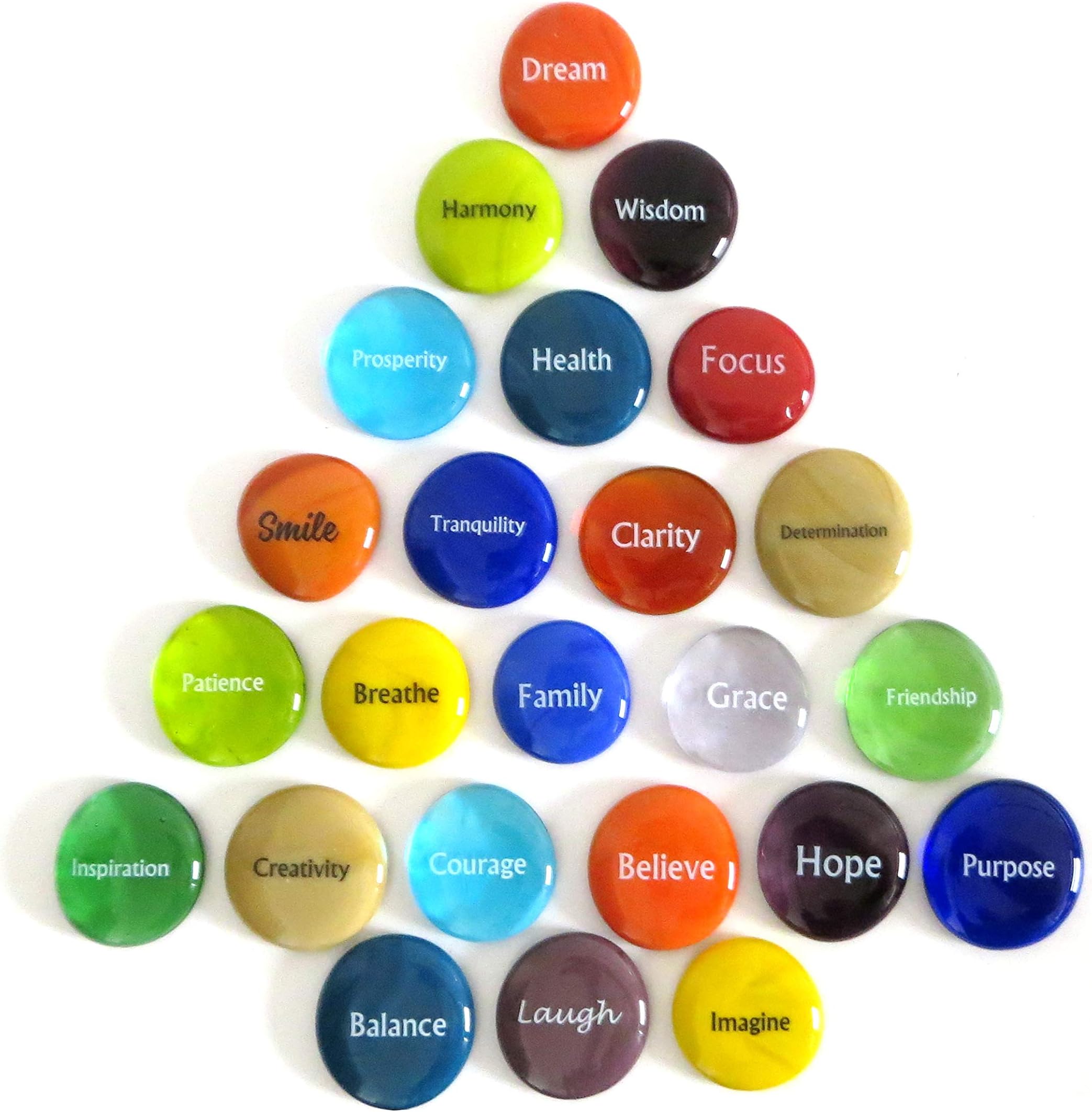 Lifeforce Glass Focus Glass Stones, 24 Inspiring, Encouraging and Motivating Single Words Imprinted on Glass Stones, Inc. Set II.
