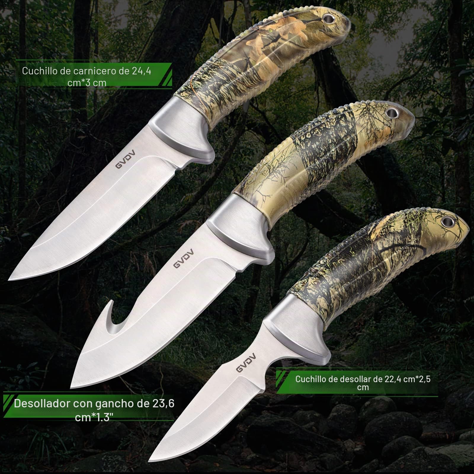 GVDV 14 Piezas Juego de Cuchillos de Caza, Cuchillo Desollador con Gancho para el Intestino, Cuchillo de Capa, Hacha, Sierra para Madera/hueso y Más
