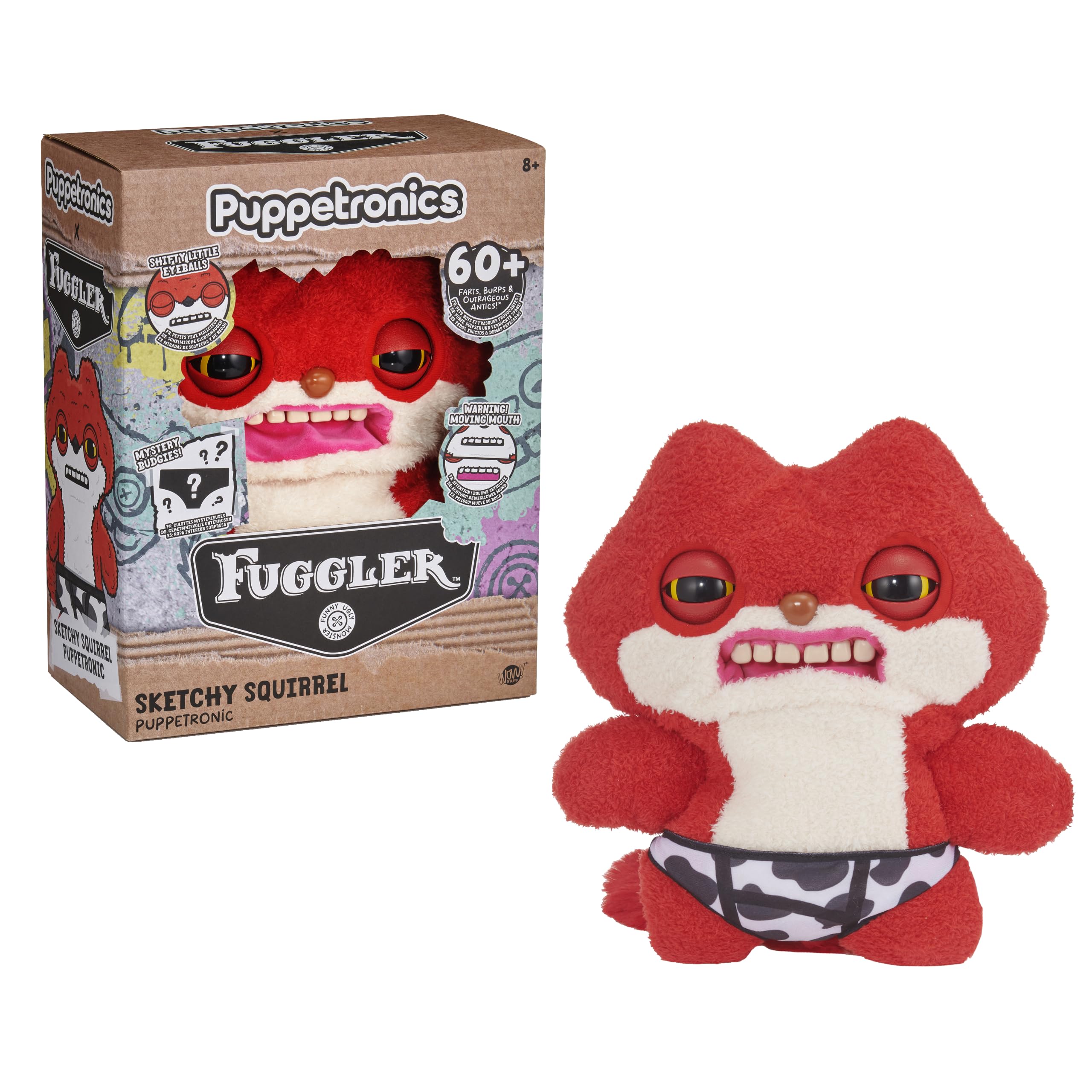WOW! STUFF Fugglers Sketchy Squirrel Deluxe Puppetronic | Interaktive Plüsch-Handpuppe mit Sprache und Geräuschen | Augen und Mund öffnen Sich | Furz- und Rülpsgeräusche | 2-Wege-Dialog | Ab 8 Jahren