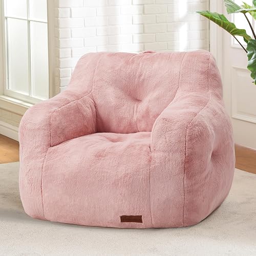 Hobestluk Furry Bean Bag Chair with Arms, Foam Filler for Adult, Pink | Soft Faux Fur Cover, High-Density Resilient Foam, Wide Backrest & Arm-rest, Carrying Handle, Fits Small Spaces, No Assembly - Pink