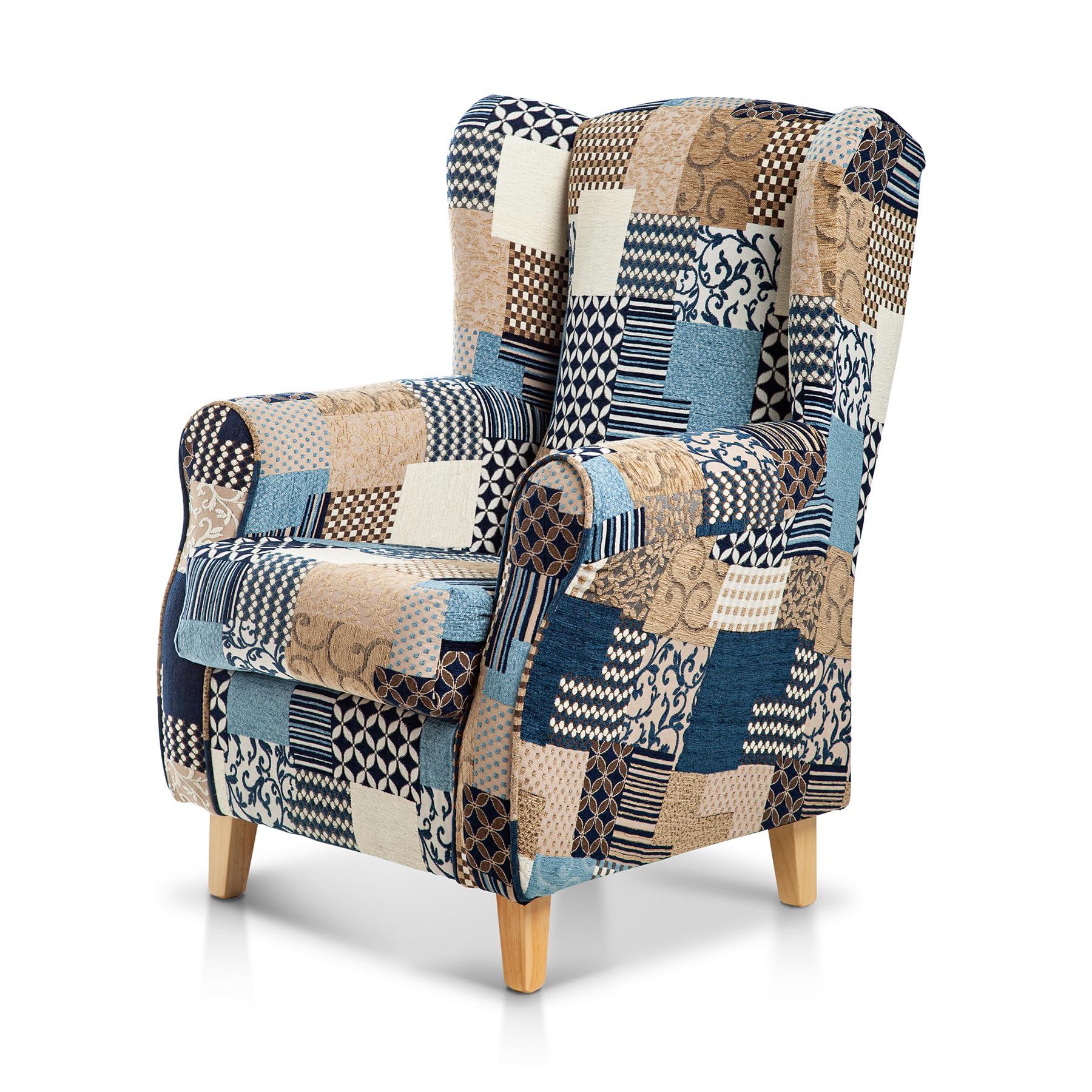 SUENOS ZZZ Sillón Irene Sillón Orejero De Lactancia Tapizado En Tela Patchwork Azul Para Dormitorio Salón O Habitación De Bebé