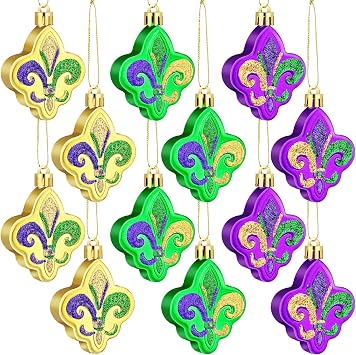Yuntau 12 Pcs Mardi Gras Ornaments for Tree Mardi Gras Fleur De Lis Decor New Orleans Ornaments Gold Green Purple Plastic Hanging Decor or Holiday Tree Party Decorations