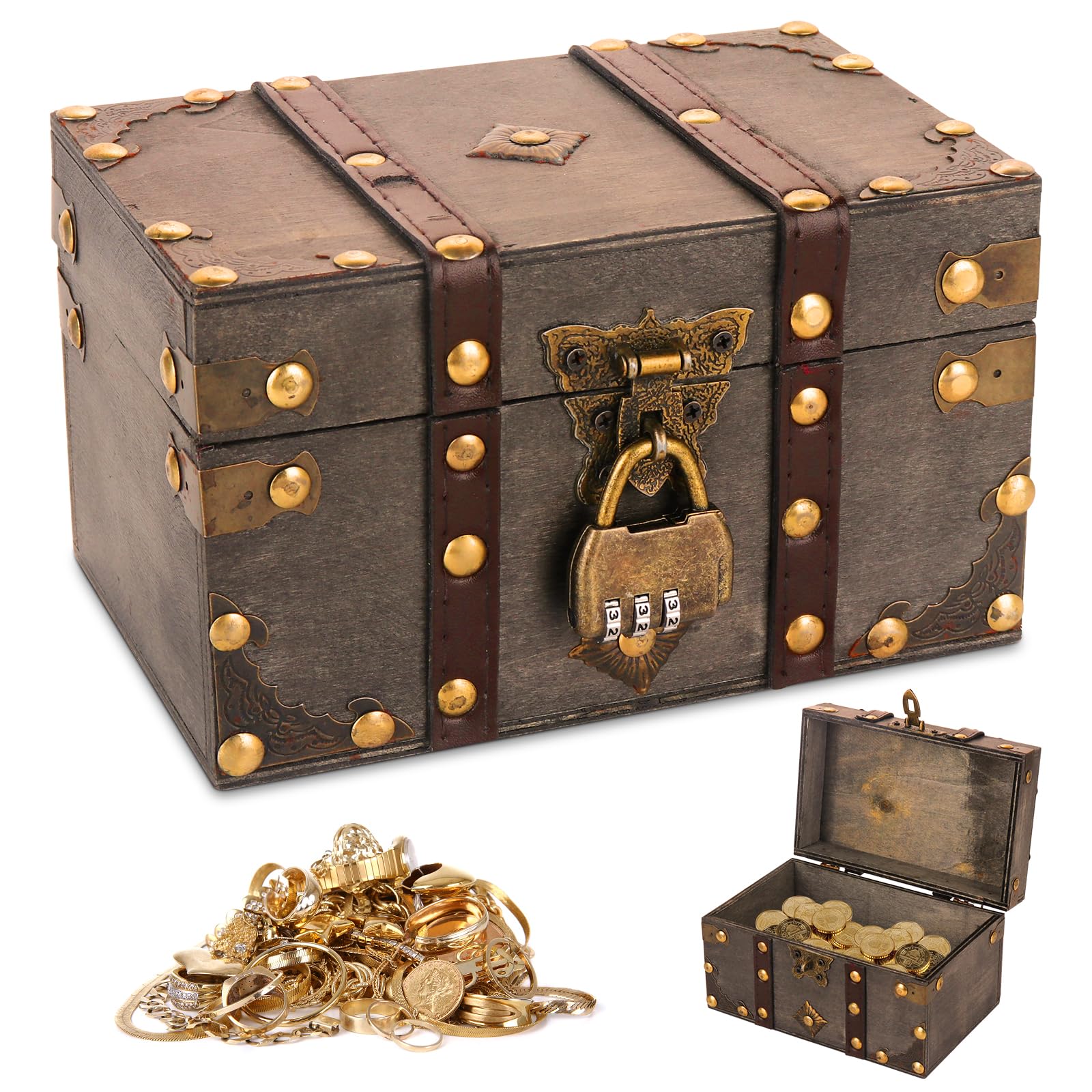 Scrigno Tesoro Vintage WDKXCN - Legno Con Lucchetto 18x11x10cm Per Bambini - Foto 4