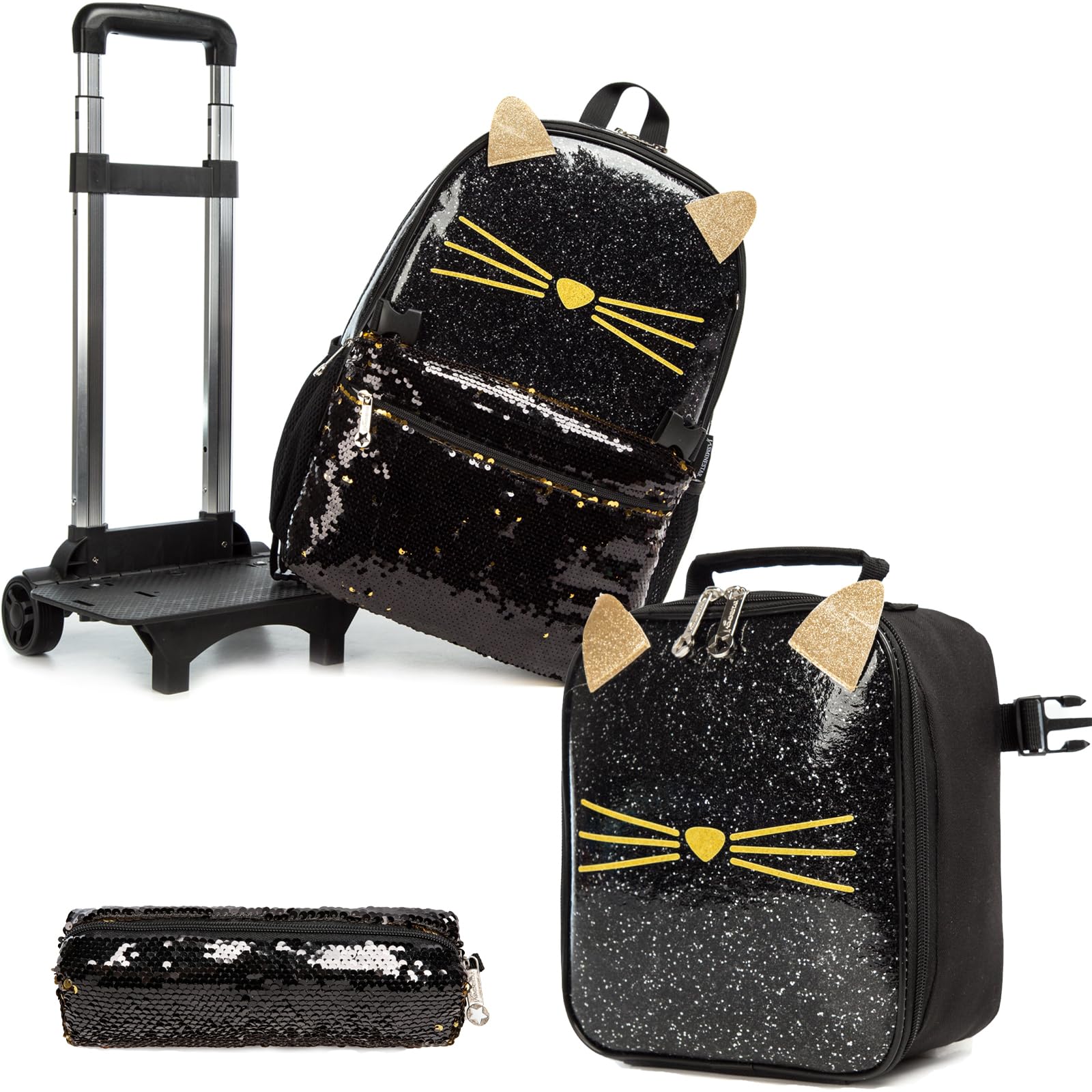 Egchescebo Cat School Bags Kids Rolling Backpack for Girls Luggage Kids Suitcase With Wheels Trolley Wheeled Backpacks Travel Bags 3PCS Lunch Box