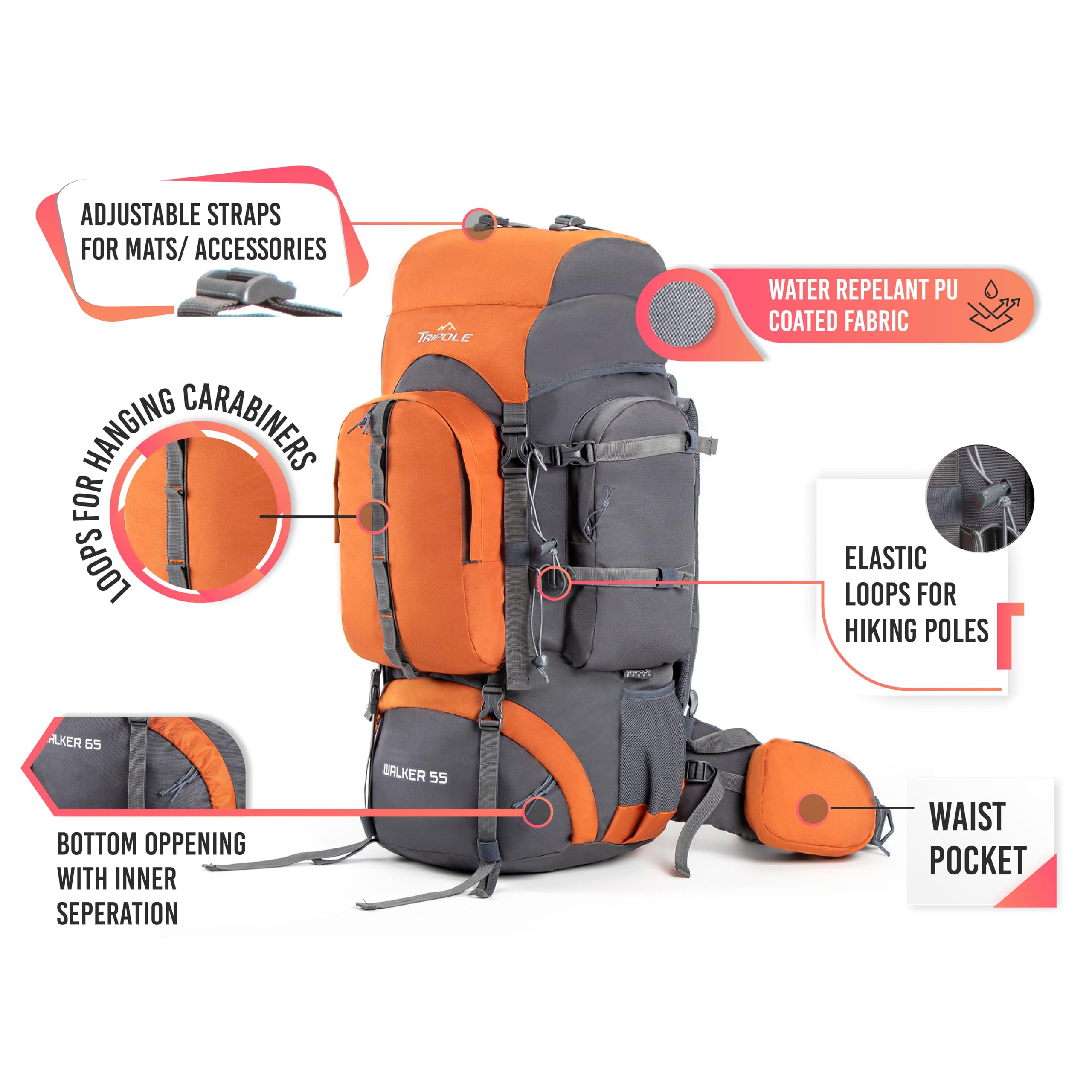 Walker 55-litrowy plecak z wewnętrzną ramą do trekkingu i wędrówek z plecakiem (pomarańczowy)