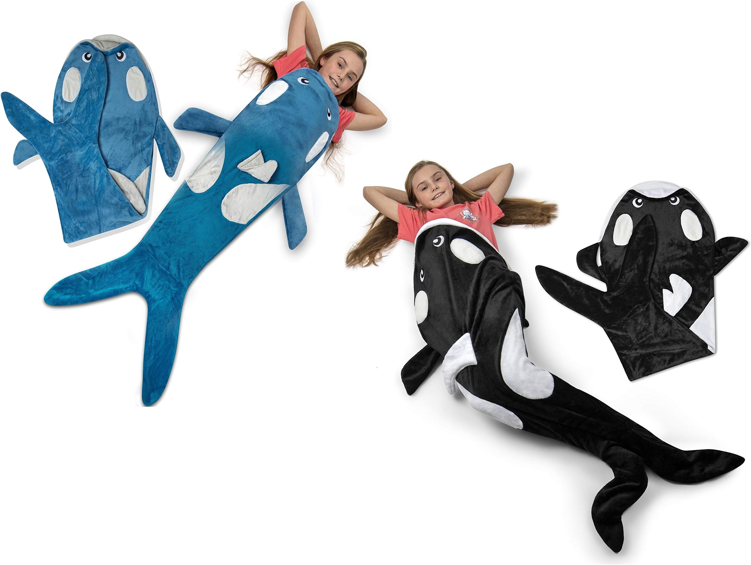Set of 2 - Cozy Whale Blanket for Children, Pocket Style Kids Tail Blanket Made of Extra-Soft & Durable Fabric | Orca Design | Warm & Comfortable, Sleep Sacks for Movie Night, Sleepovers, Camping