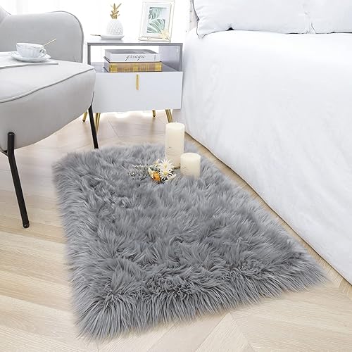 Noahas - Alfombra de lujo esponjosa para dormitorio o habitación, alfombra con piel de oveja, gris