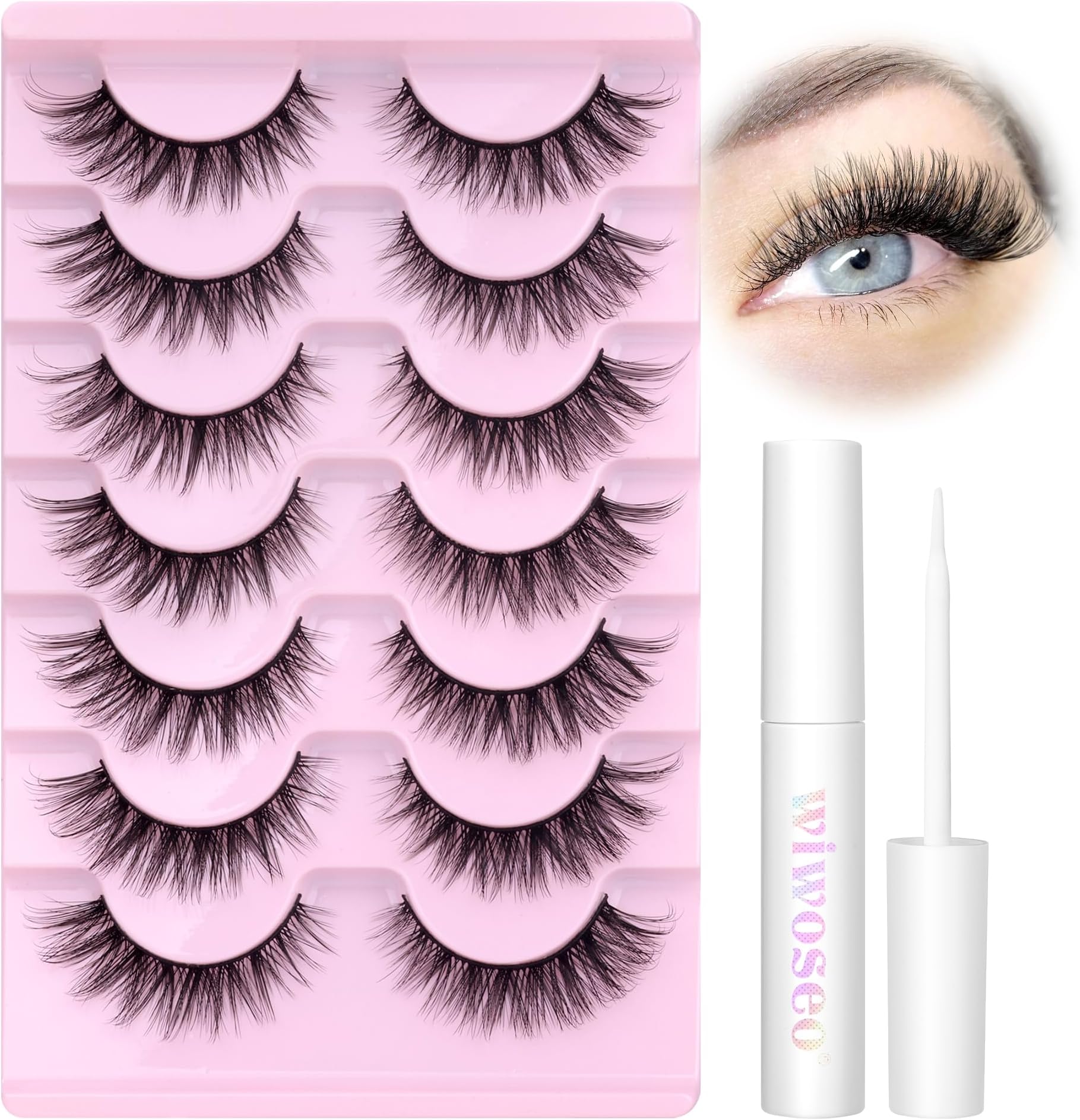 Wispy Lashes Natural Look False Eyelashes with Lash Glue Cat Eye Lashes Kit Lashes Extension with Eyelash Glue Short Mink Lashes Pack, 7 Pairs with Clear Lash Glue by wiwoseo
