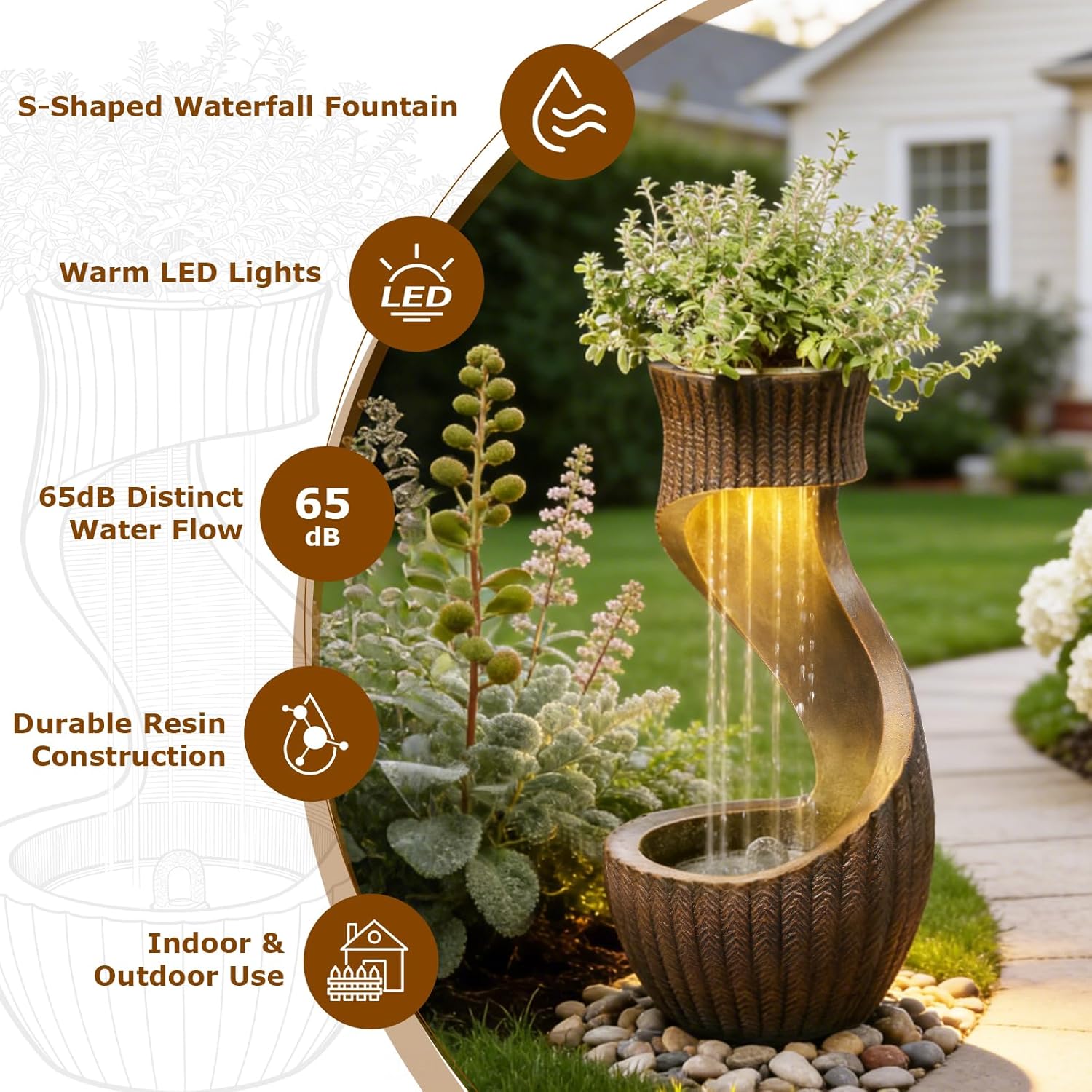 26.77" Tall S-Curved Water Fountain Outdoor, Garden Cascading Waterfall Feature with Textured Rustic Finish, LED Lights & Planter Bowl for Patio, Backyard or Porch and Indoor/Outdoor Home Decor