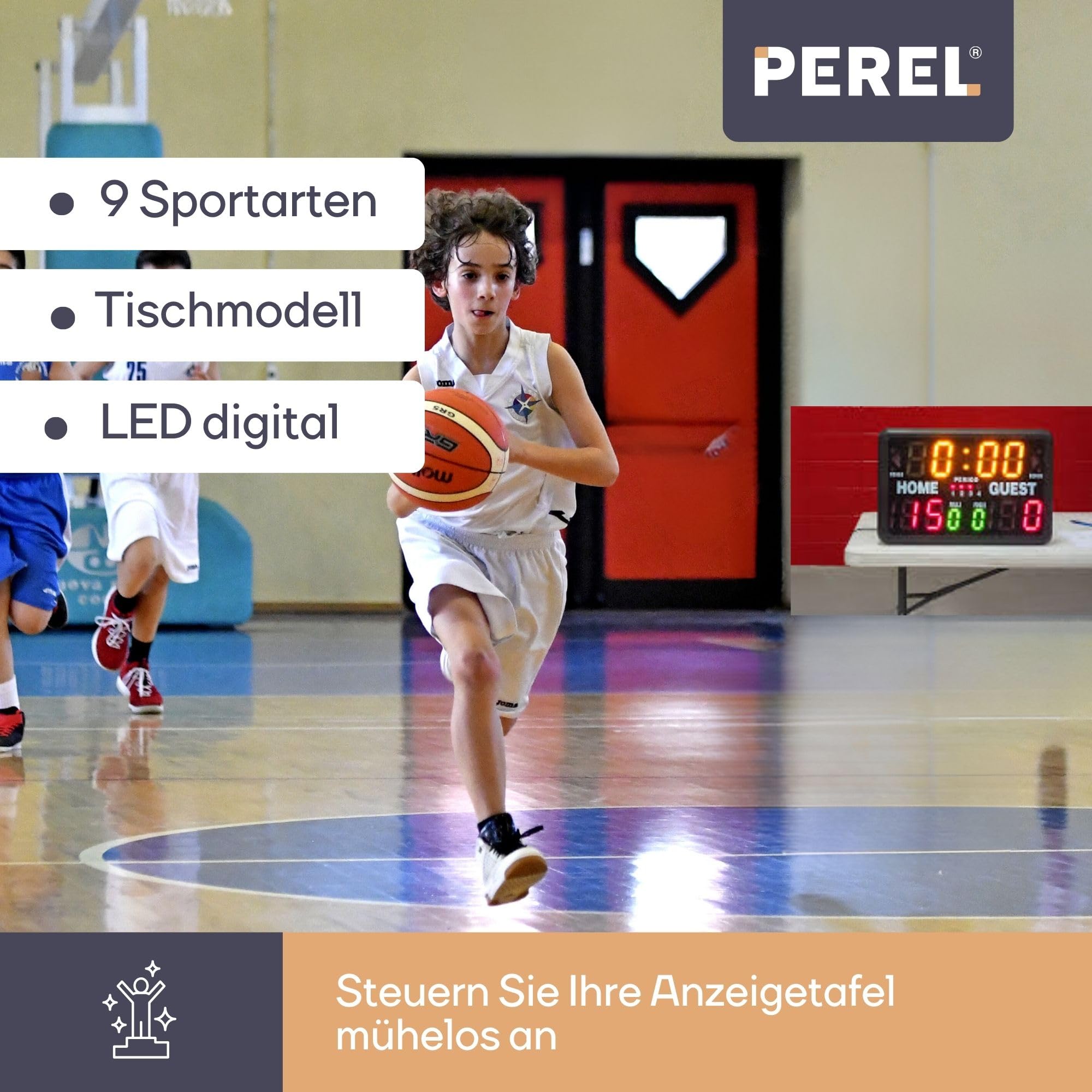 Perel Digitales LED Multisport-Scoreboard mit Sporttimer und Stoppuhr, Tischmodell oder freistehend, geeignet für Indoor- und Outdoor-Nutzung unter Überdachung, für Training, Wettkämpfe und Turniere