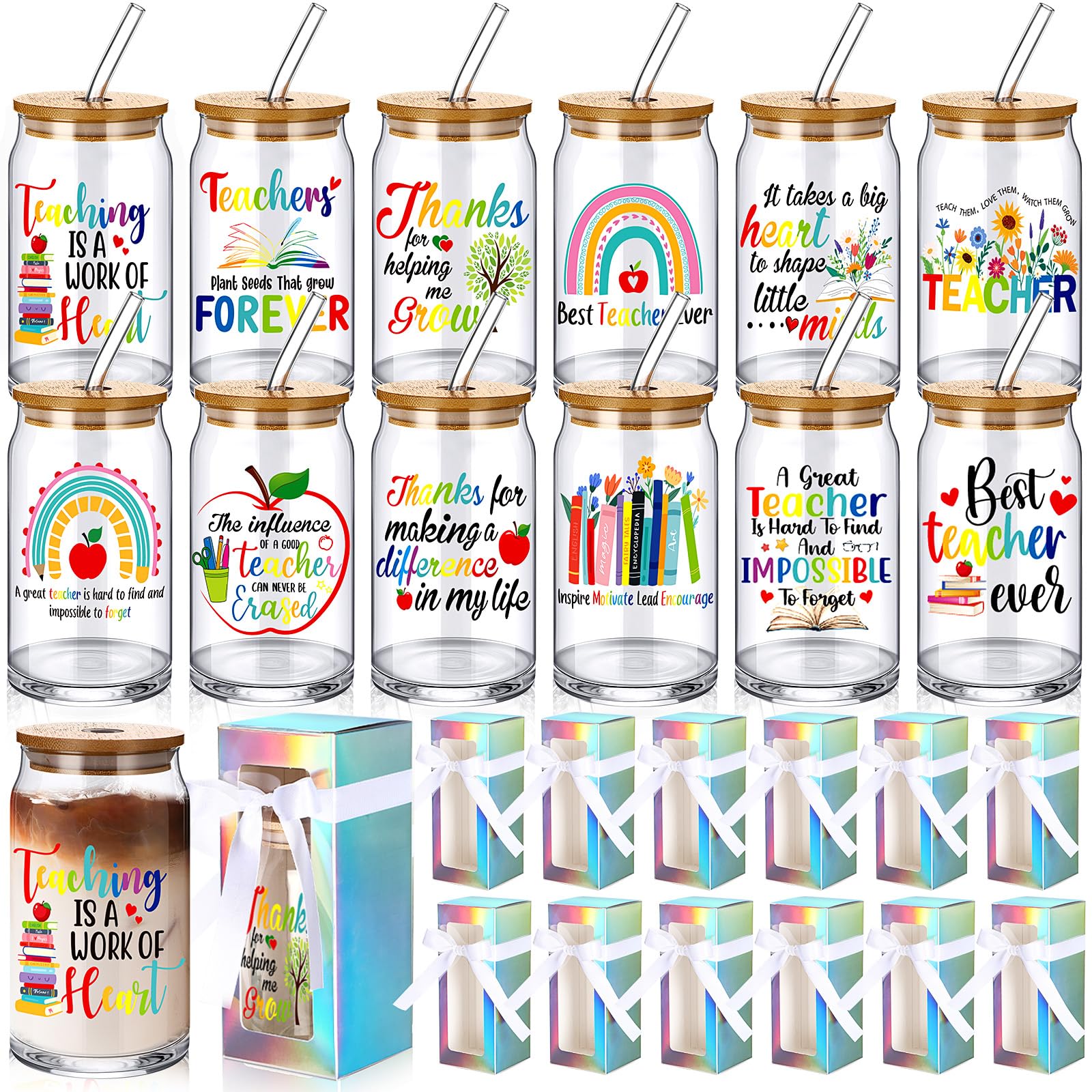 Layhit 12 Set Teacher Appreciation Gifts Glass Cups Bulk for Women Men 16 oz Thank You Drinking Cups Can Shaped Glass with Lids Straws and Gift Boxes for Multiple Teachers School Staff Preschool