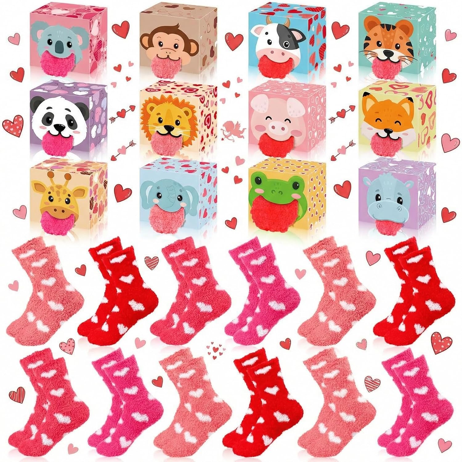 Capoda 6|12 Pairs Pink Heart Fuzzy Socks Gifts for Her Women Animal Love Heart Sock Birthday Galentines Day Party Favors