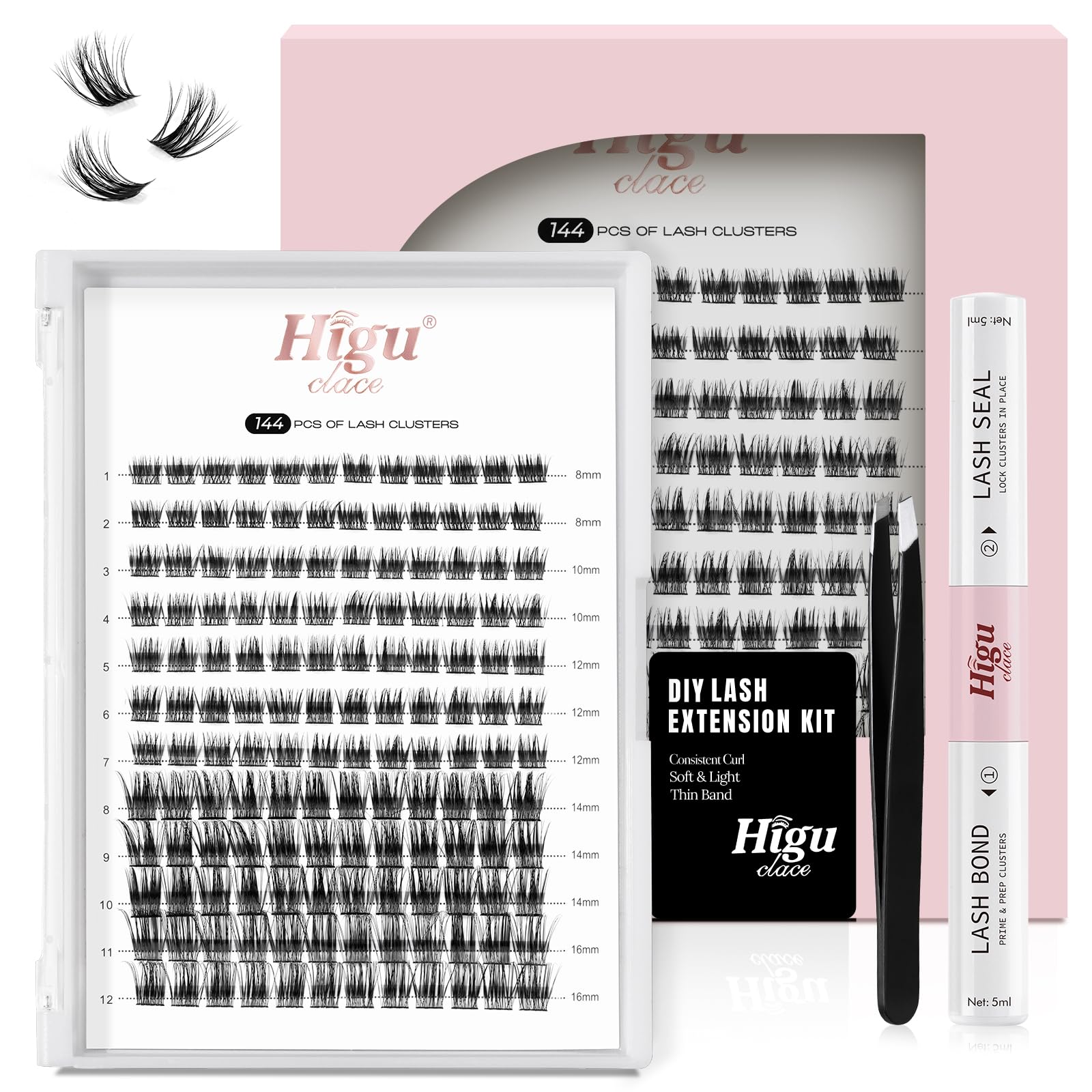 Higu DIY Eyelash Extension Kit, 144 Pcs Lash Clusters Thin Band Cluster Lashes with Super Hold Mascara Brush Bond and Seal Eyelash Glue and Lash Applicator Eyelash Cluster Extensions Set (R-07 Kit)