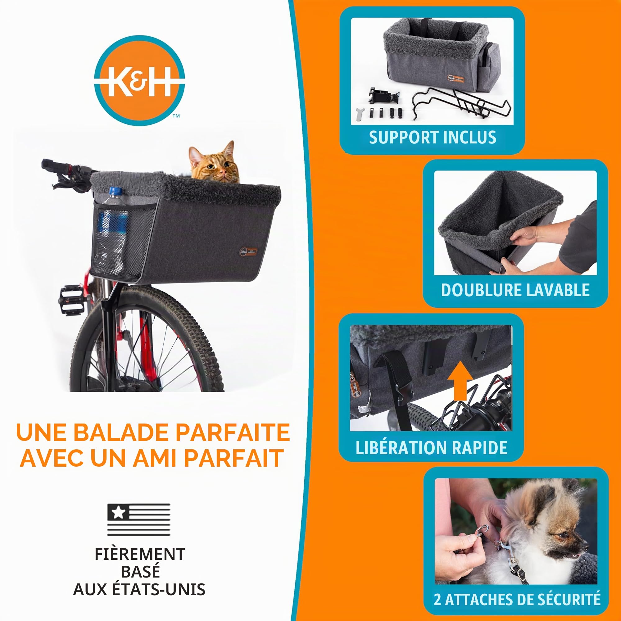 K&H Pet Products Sac de Transport Universel pour Animal Domestique pour Voyage, Panier de vélo pour Chat et Chien, Gris élégant, Taille L 30,5 x 40,6 x 25,4 cm