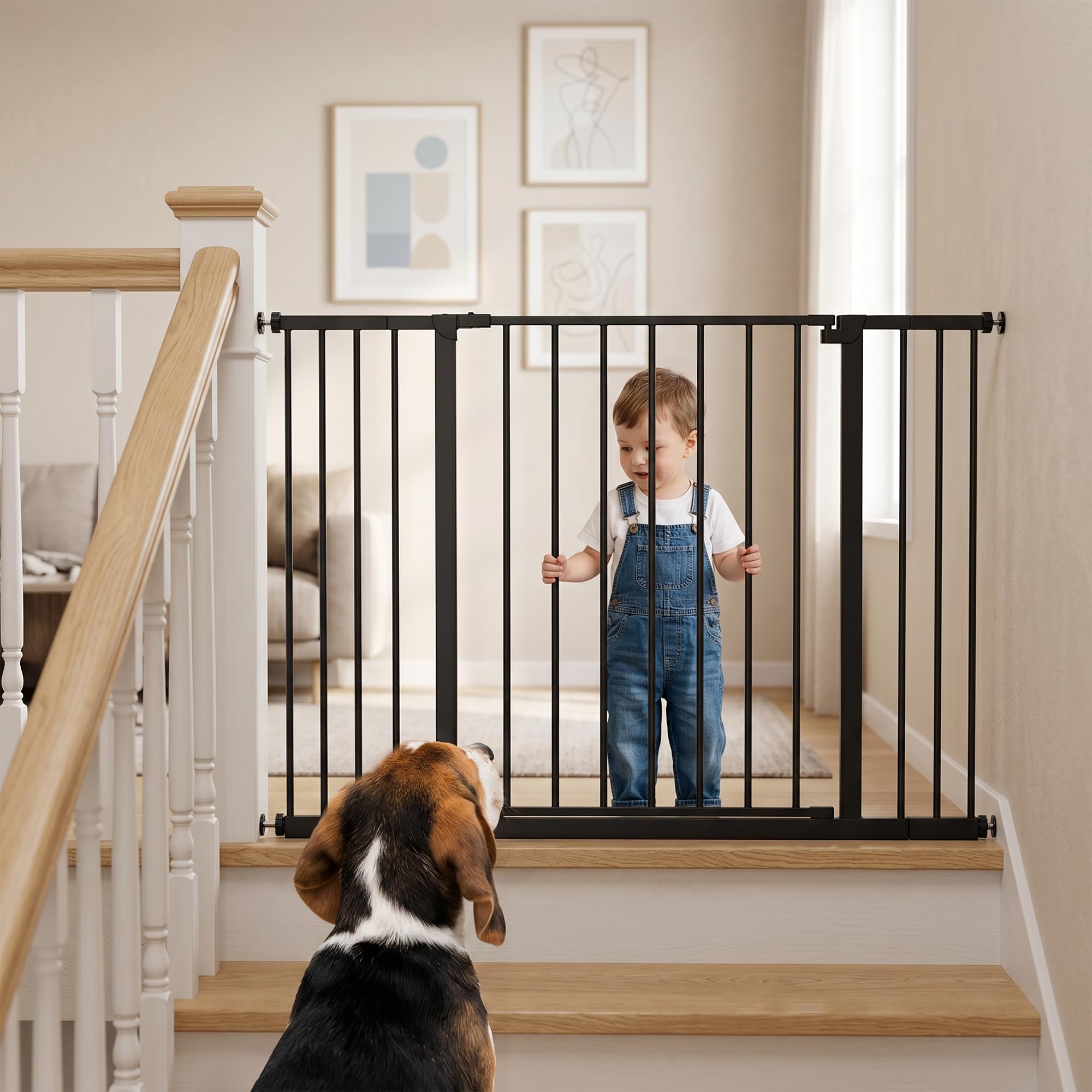 PawHut Barrera de Seguridad Extensible para Puertas y Escaleras para Perros y Bebé, Barrera para Mascotas, Ajuste a Presión, Apertura con Una Sola Mano, 2 Extensiones 15/10 cm, 76-107x76 cm, Negro — view 8