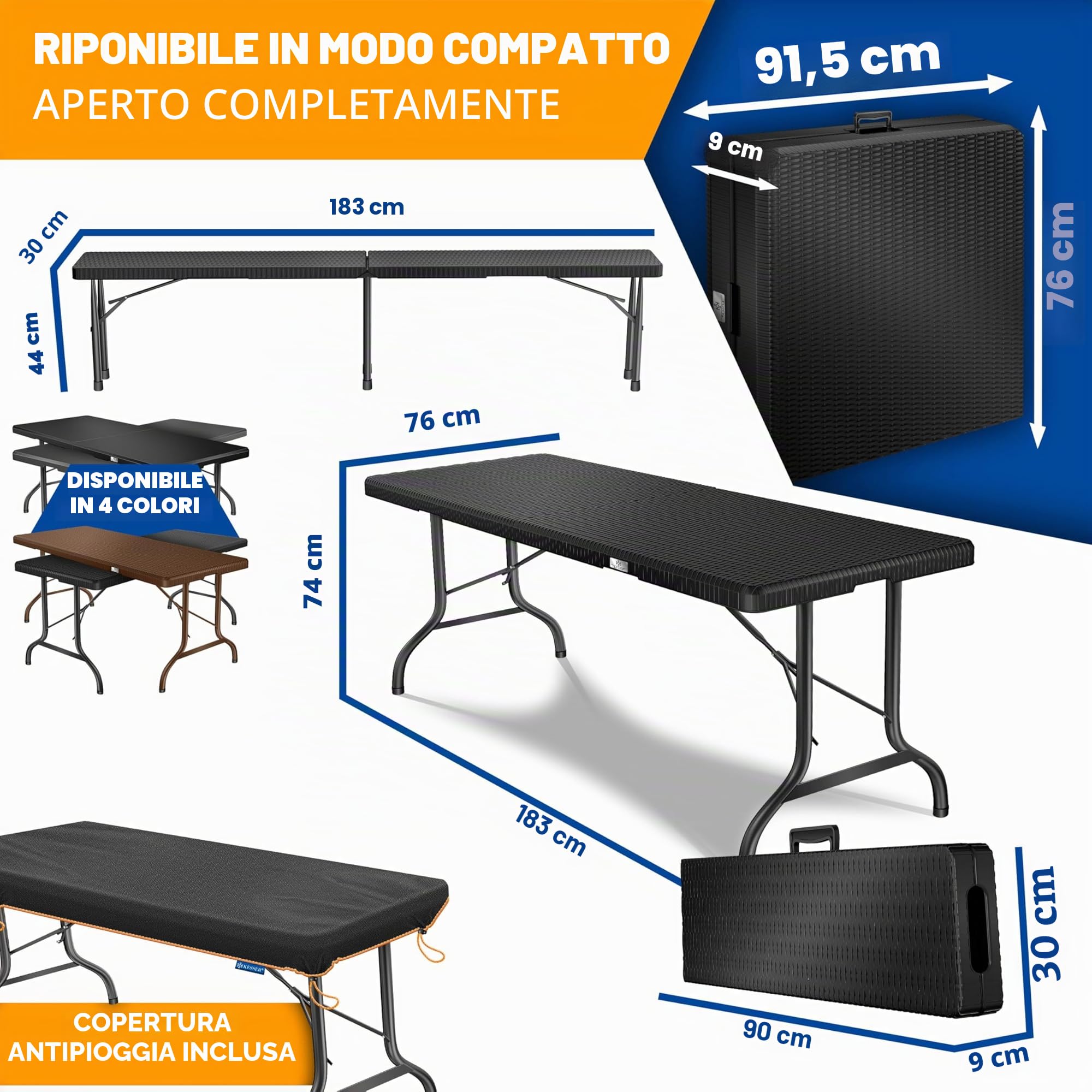 KESSER® Set tenda da birra - Set da 3 pezzi, Tavolo + 2 x Panca, per Interni - Esterni, AxLxP - 73x180x75 cm, Plastica, Set da Giardino in simil Rattan, Pieghevole, Nero