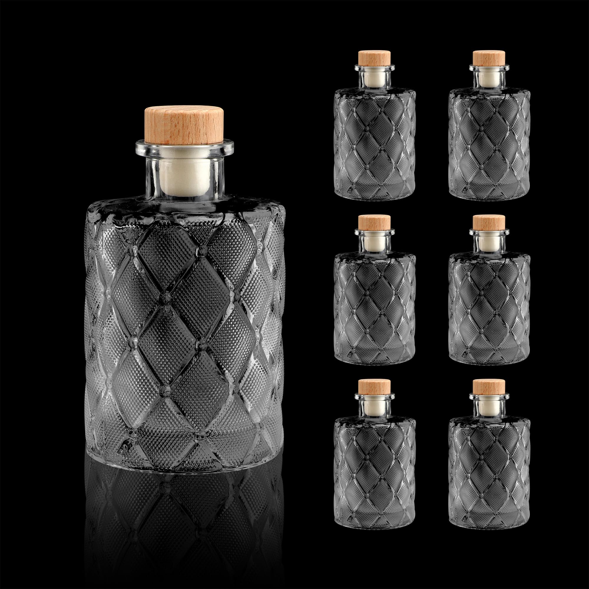 PTSGCAI Clear Glass Bottles 6 oz - 200ml [Pack of 6] Heavy Base Glass Bottles with T-Top Cap for Wine Beverages Drinks Oil Vinegar Kombucha Beer Water Soda with Cork Stopper Airtight Lid (Argyle)