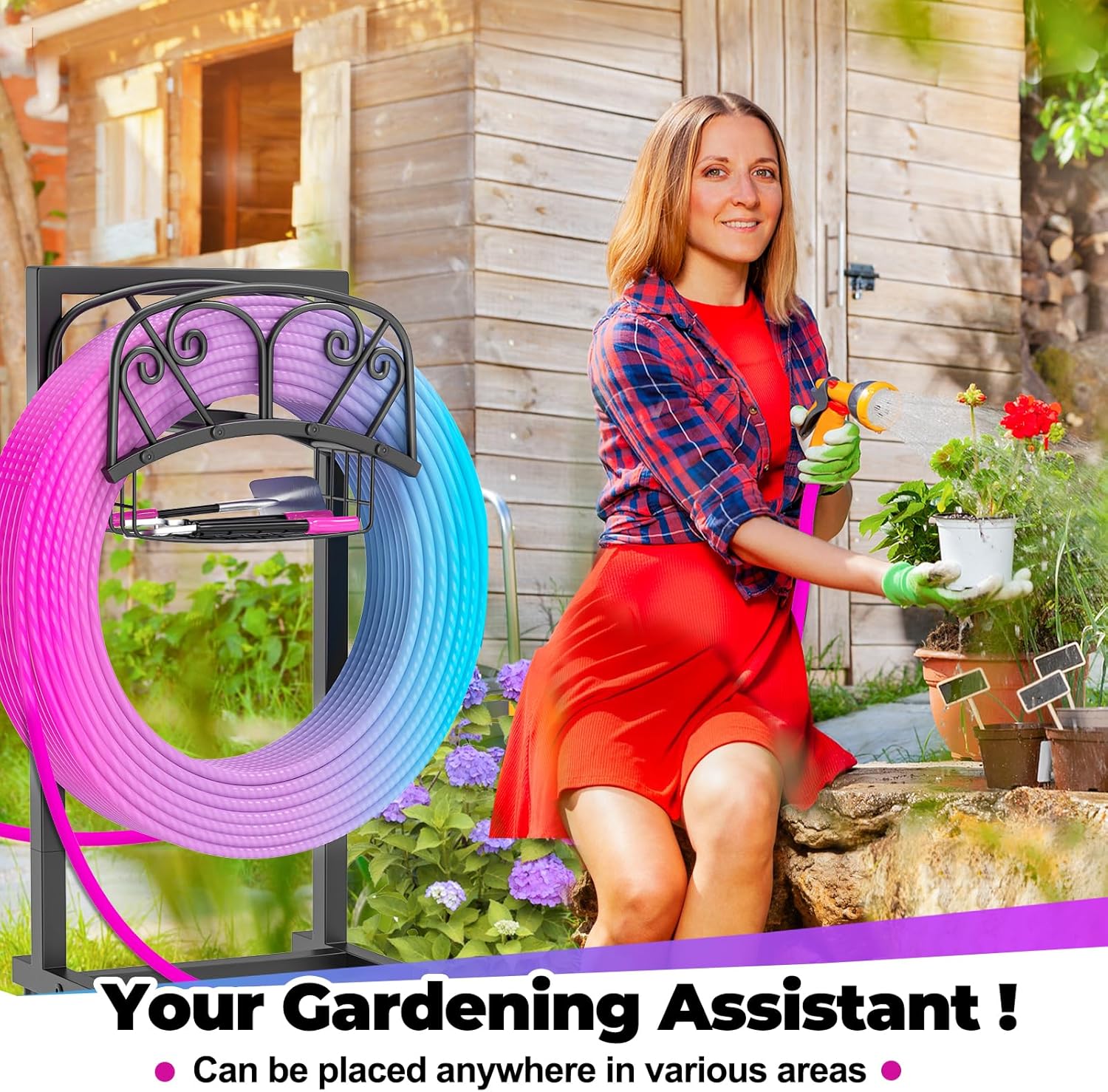 Garden Hose Holder, 4 Spikes Freestanding Water Hose Holder Reels, Heavy Duty Detachable Hose Stand with Storage Basket for Outside Yard Lawn (A-4 Spikes)