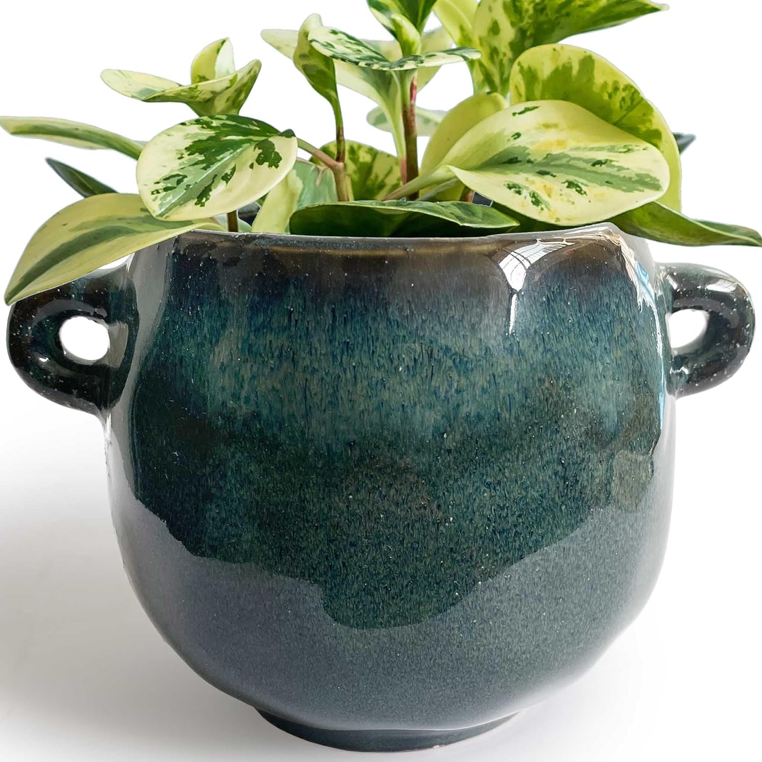 5 inch Ceramic Pots for Plants, Handmade Modern Reactive Glazed Ceramic Planter for Indoor Outdoor Plants, Unique Blue Succulent Cactus Plant Pot with Ears