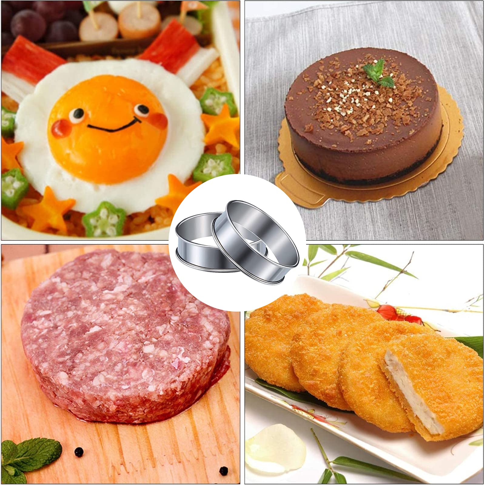 6 Stuks Crumpet Ringen, 10 cm Ronde Muffinringen en 8 cm Dubbel Opgerolde Bakringen, Verpakkingen Cirkel van Roestvrij Staal, Antiaanbak Bakringen Gemakkelijk te Ontvormen voor Taartjes Mousse Bagels