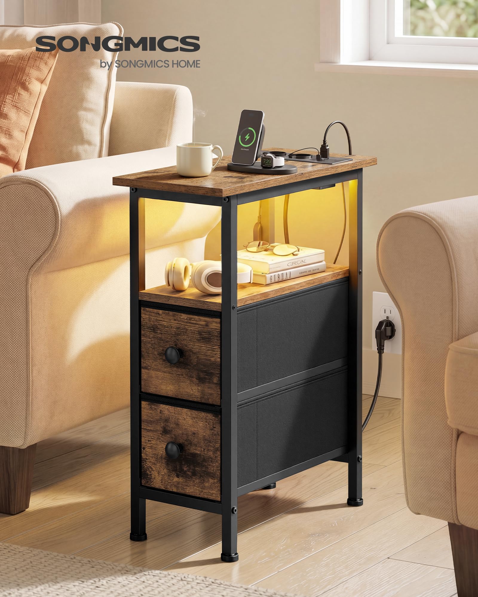 SONGMICS BELLAH Collection - Table d’Appoint, Table de Chevet avec Multiprise Intégrée, Éclairage LED, 2 Tiroirs, Bout de Canapé, Salon, Chambre, Lot de 2, Marron Rustique LGS012K102