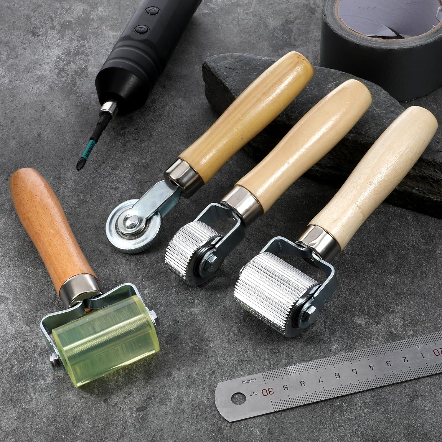 Sound Deadening Roller, 4 PCS Car Sound Deadener Rollers Tool Tire Patch Roller Sounds Deadener Application Rolling Wheel Wood Handle Seam Rollers for Automotive Auto Noise Accessories