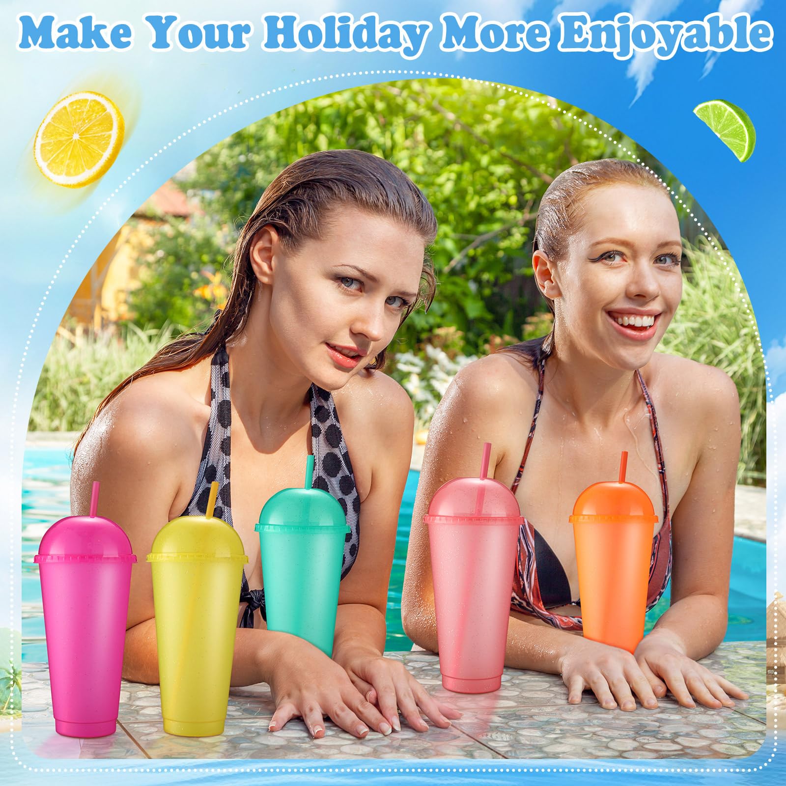 Hsei Lot de 24 gobelets en plastique glacé réutilisables à paillettes avec couvercles dômes et pailles de 700 ml – Gobelets à café glacé pour voyage, anniversaire, fête (couleur classique)
