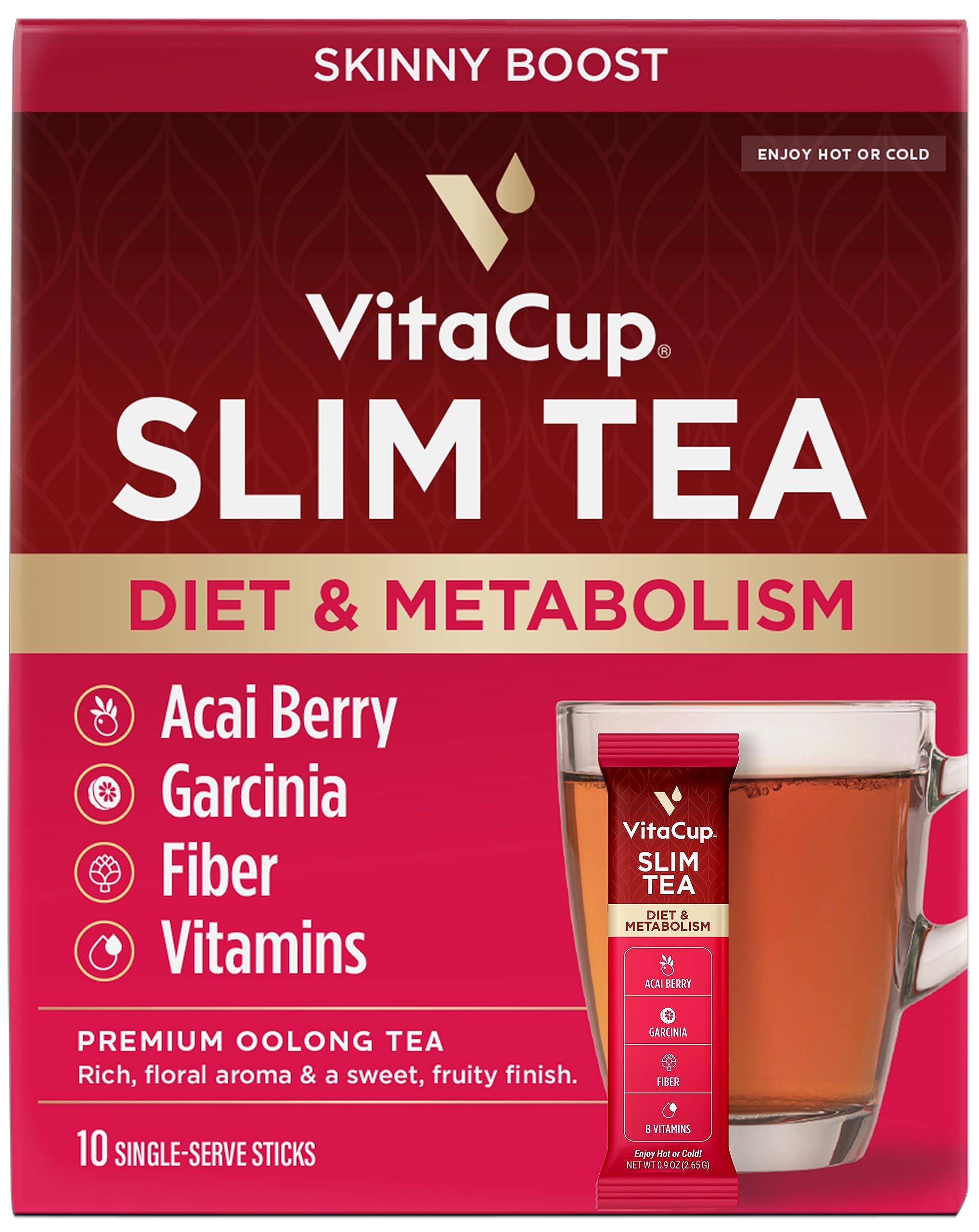 VitaCup Slim Instant Tea Packets For Diet Support, Oolong tea w/B Vitamins, Garcinia, Inulin & Acai, On-the-go Instant Sticks, 10 Ct