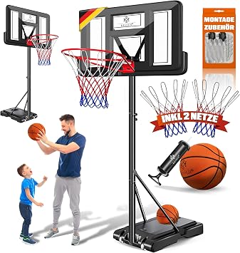 KESSER Premium Basketball Hoop with Stand Wheels Including Basketball + Pump Adjustable Basket Height 230 to 305 cm Height Adjustable Basket System Outdoor Complete Basketball System for Adults Children