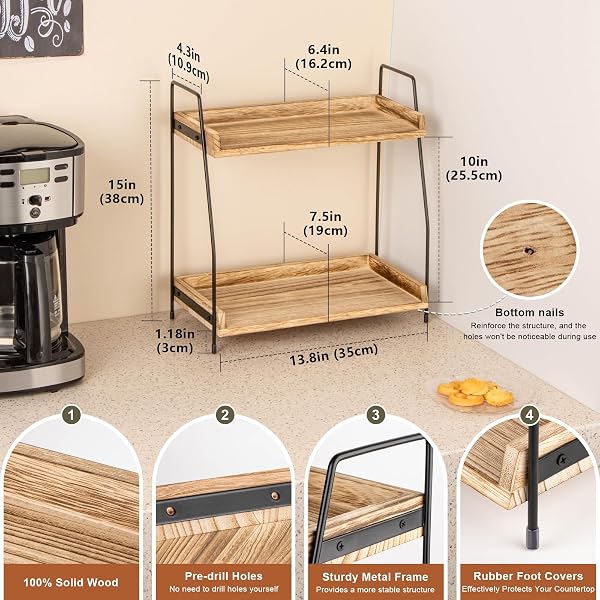 ANBOXIT Coffee Station Organizer for Countertop, Coffee Bar Accessories and Organizer, Wooden Kitchen Counter Shelf, 2 Tier Coffee Condiment Storage, Coffee Caddy for Kitchen, Home, Office - Brown - 1