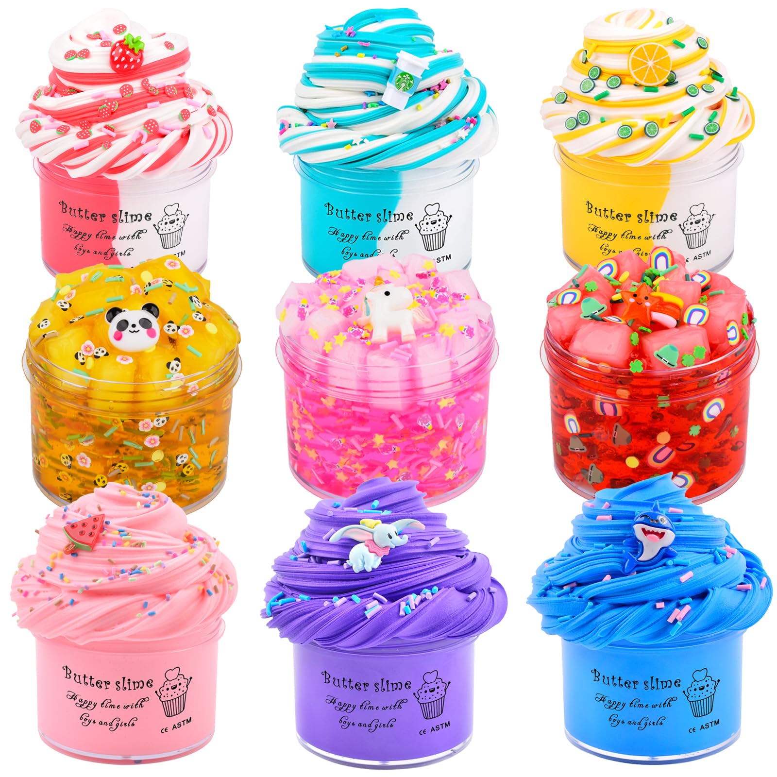 9 Pack Slime Kit, with 3Jelly Cube Crunchy Slime and 3 Cloud Slime and 3 Butter Slime, Clear Crunchy Slime Kit Toy, for Girls & Boys, Soft Non-Sticky