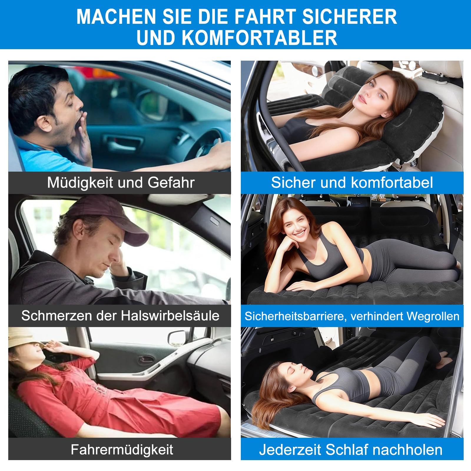 KMZ Auto Luftmatratze für SUV und Auto, Aufblasbares Autobett für Camping, Doppelseitig Beflockte Automatratze für Kofferraum und Rückbank