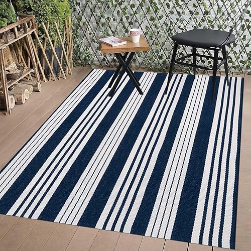 Miniatura 7 de BUAGETUP Alfombra de patio al aire libre a rayas azules y blancas de 4 x 6 pies, alfombra de algodón tejida a mano para patio, alfombra de porche