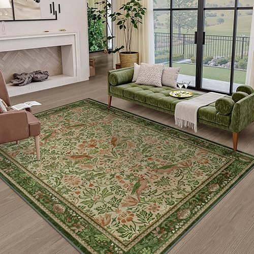Alfombra vintage floral de 5 x 7 pies, suave, lavable, estilo bohemio, para sala de estar, de pelo bajo, antideslizante, con diseño de pájaros y