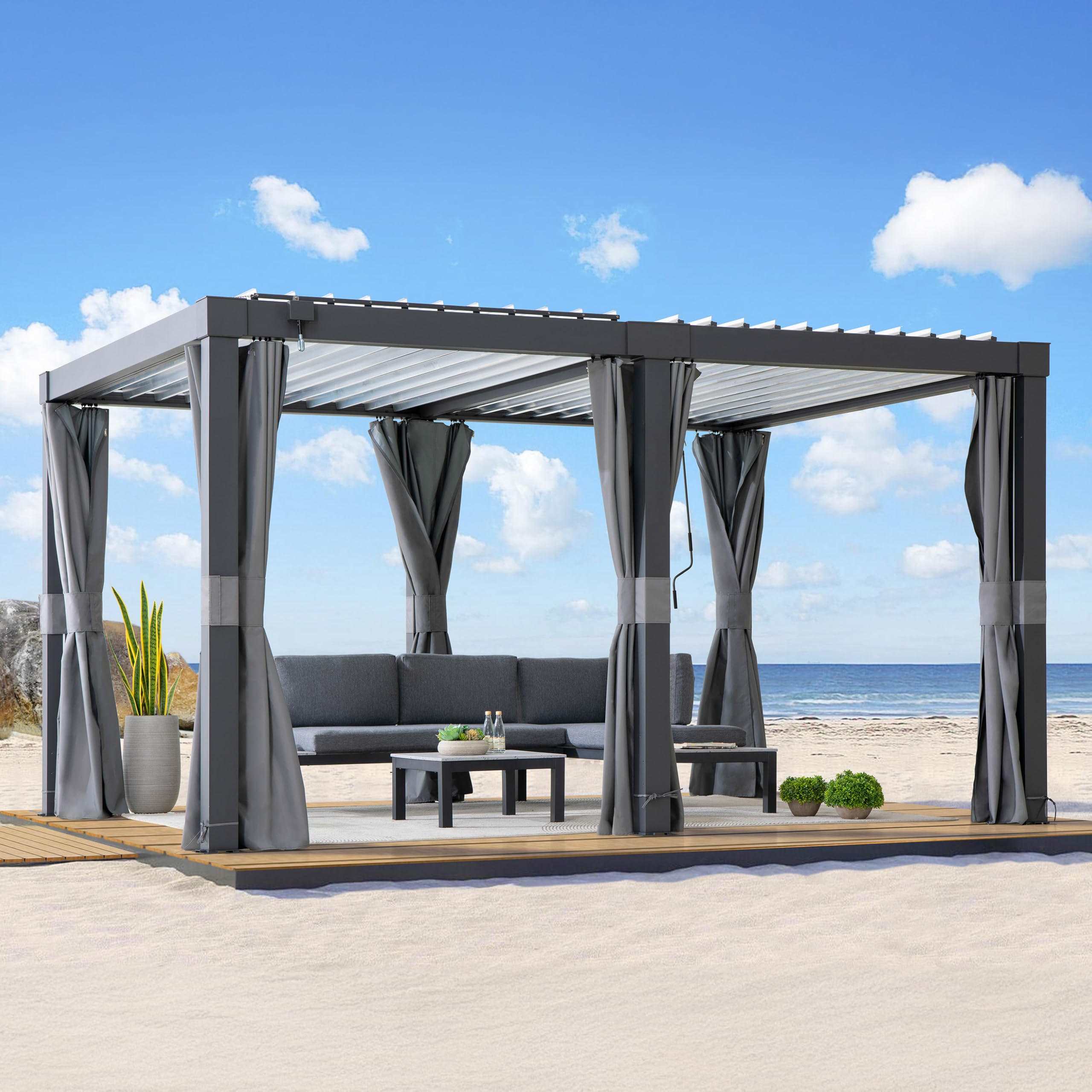 SUNJOY Pergola Ogrodowa 3x4m, Aluminiowa Altana Lamelowa Całoroczna, Ruchomy Dach z Regulacją Kąta, Solidny Pawilon Tarasowy, Antracyt