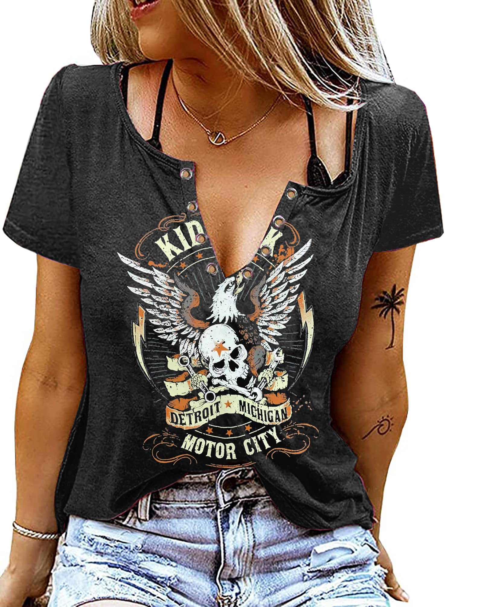 Vintage Rock Roll Concert T-Shirt Women Loose Casual Shirt Tops Funny Skeleton Eagle Graphics V Neck Short Sleeve