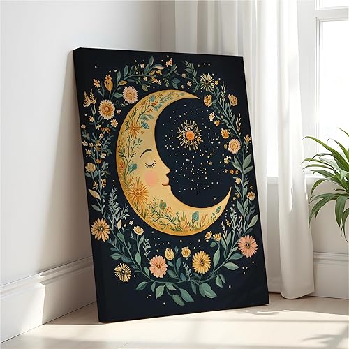 Cresent Moon Art Print Canvas Wrapped, William Morris Style Retro Mid Century Bo