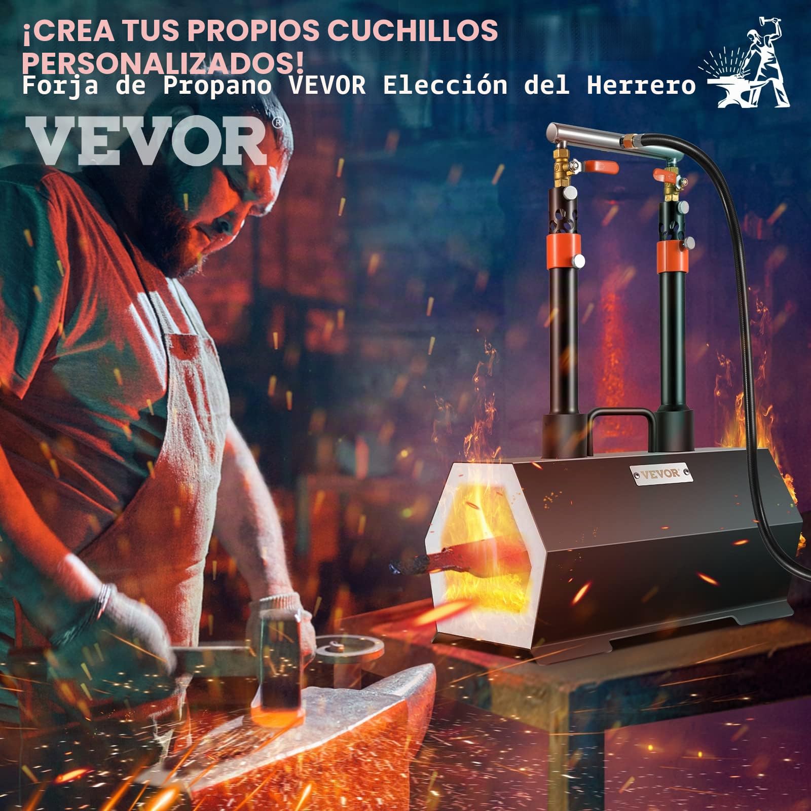 VEVOR Horno de Forja de Gas Propano Con 2 Quemadores - Fusión Max 1427 ℃ - Eficiente y Económico Para Fabricación de Cuchillos y Metales - Ideal Para Herreros