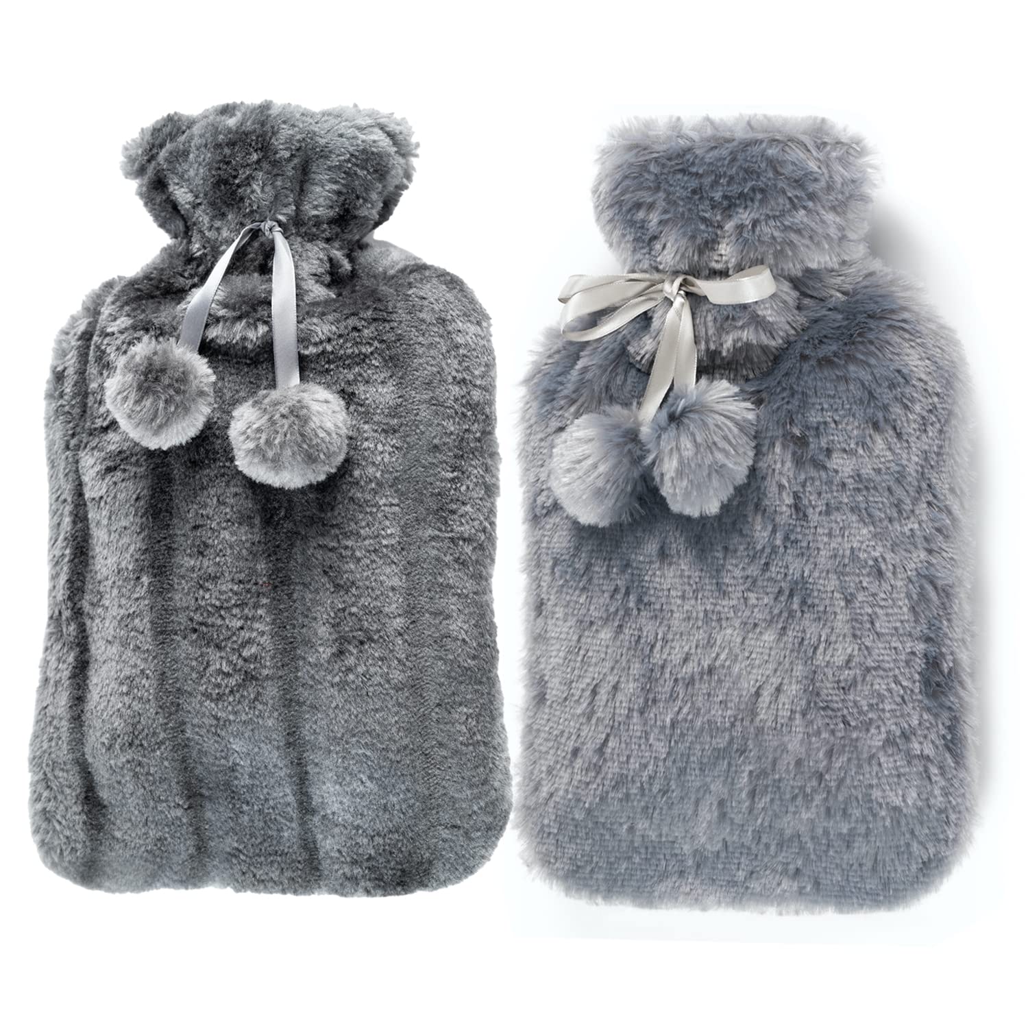 Lot de 2 bouillottes avec housse UK – 2 bouillottes en caoutchouc naturel de 2 litres – Sac d'eau chaude parfait pour soulager la douleur, chauffe-mains et pieds (1 bouillotte gris foncé et 1 housse