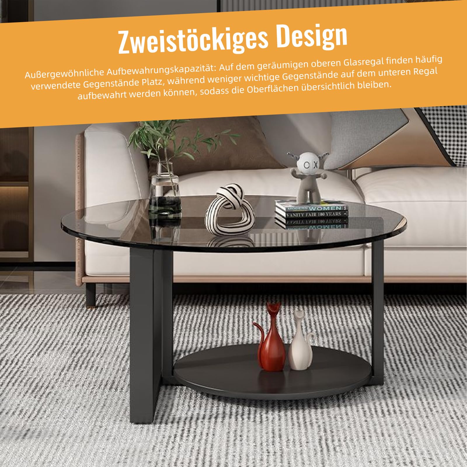 Couchtisch Rund Schwarz, Glas Couchtisch mit Stauraum, 60cm Doppelstöckiger Wohnzimmertisch Rund, Schwarz Round Coffee Table mit Metallrahmen
