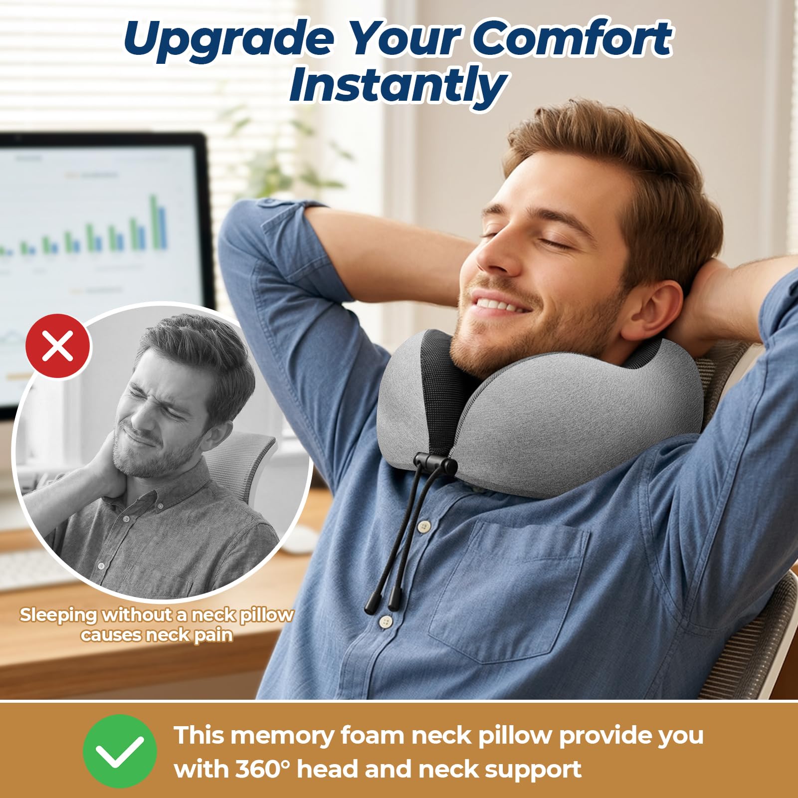 ExploreBliss Almohada de viaje, almohadas de viaje para dormir en avión, almohada de cuello extraíble con cierre ajustable, juego de almohadas de espuma viscoelástica con máscara de ojos, tapones para
