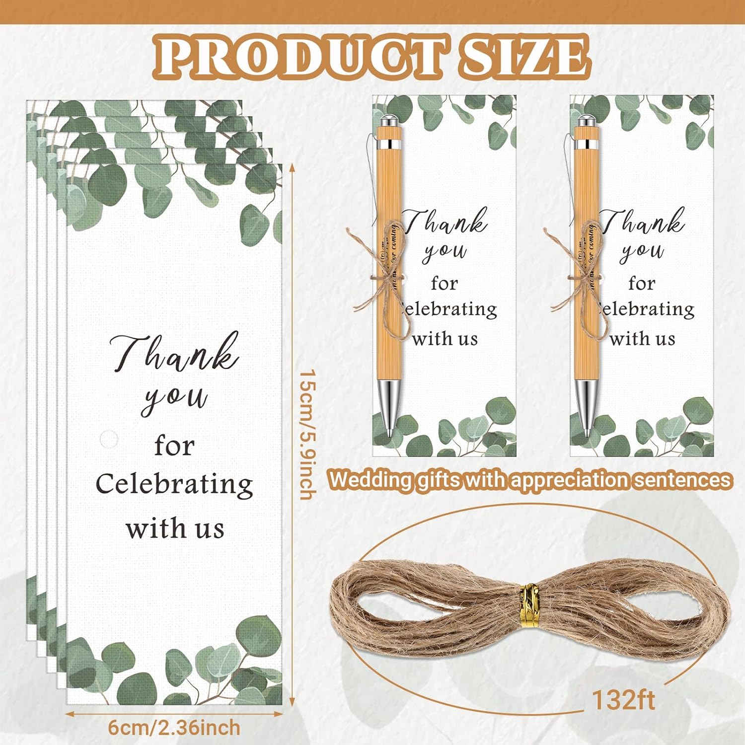 Yeaqee 104 Pcs Wedding Thank You Gifts Include 50 Wedding Bamboo Retractable Ballpoint Pens Wooden Black Ink Bridal Shower Pens 50 Greenery Bookmark Cards and 4 Twines for Party Favor Supplies