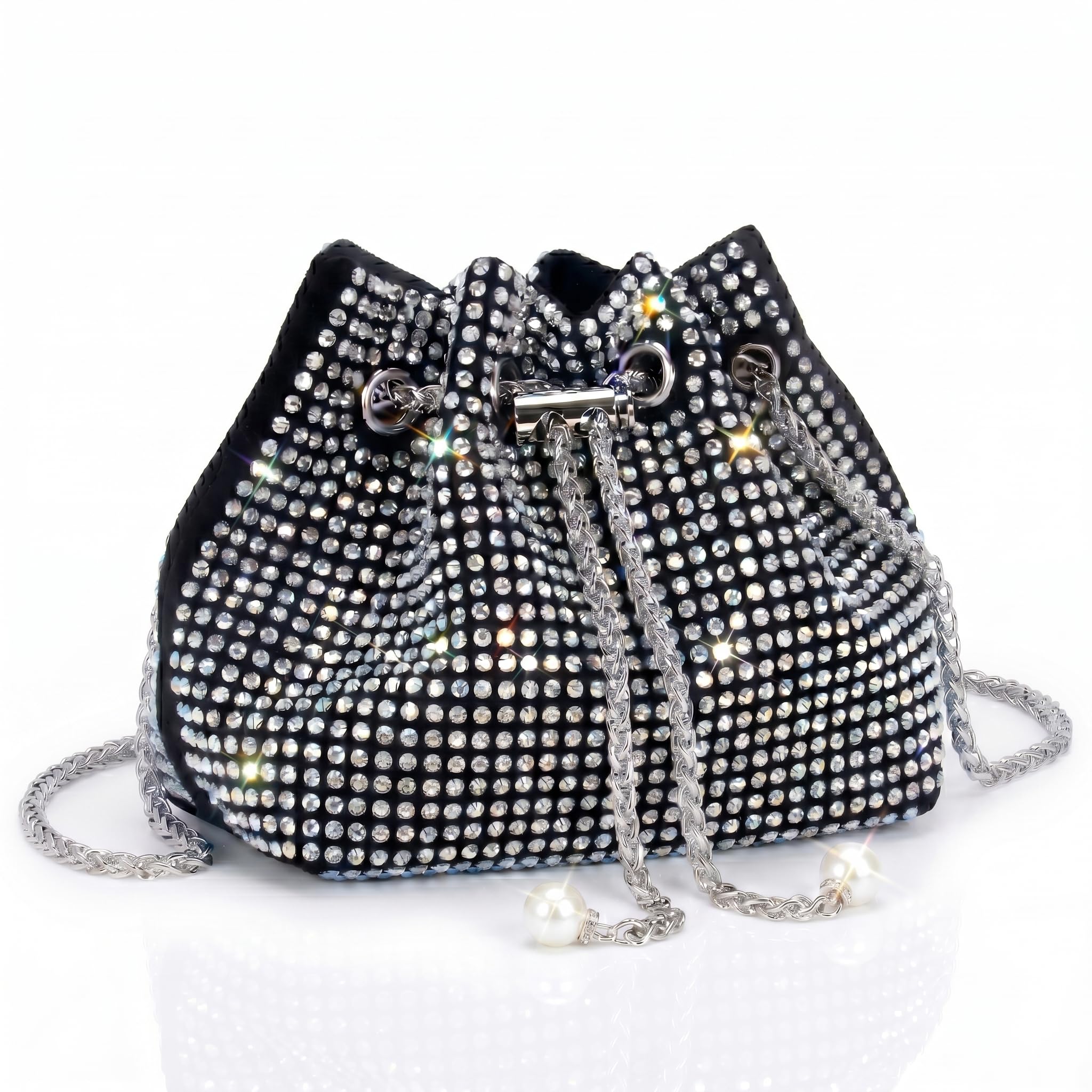 Rhinestone Bucket Bag Mini Evening Handbags Crystal Clutch For Women Drawstring Crossbody Sling Bags with Chain Stylish Potli Bags Ladies Glitter Purse Wallet for Party Wedding Bling Bags-image-13