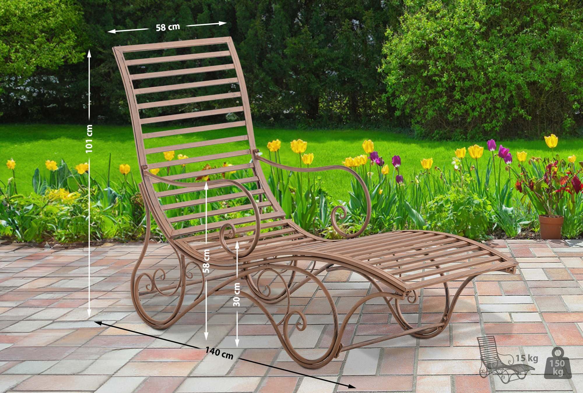 CLP Lettino da giardino Amiens I Struttura in metallo dall'aspetto antico I Robusto e durevole I Per patio, giardino e veranda in stile casa di campagna Colore:antico marrone