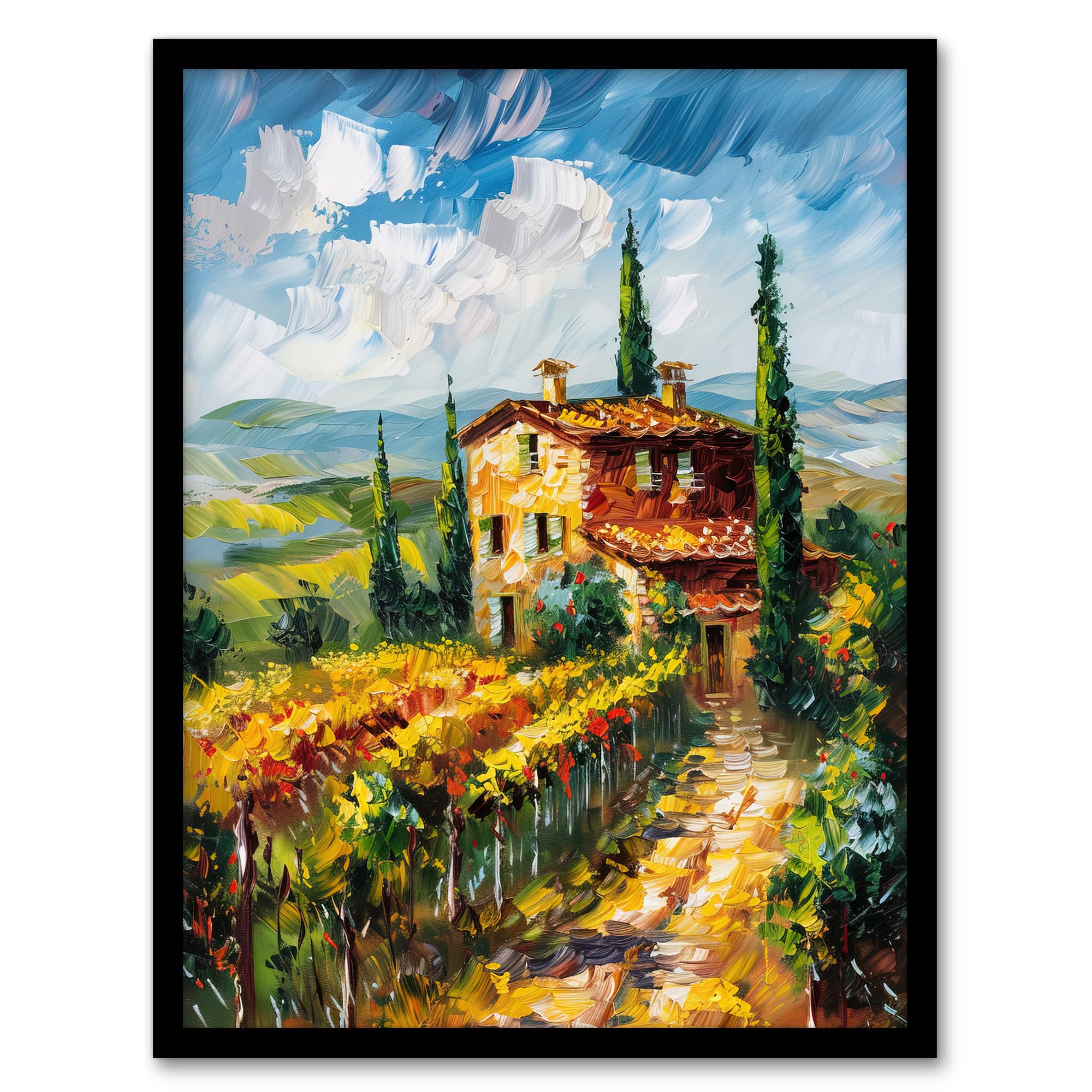 Artery8 Summer Tuscan Farmhouse Oil Painting Colourful Living Room Artwork Framed Wall Art Print 18X24 Inch