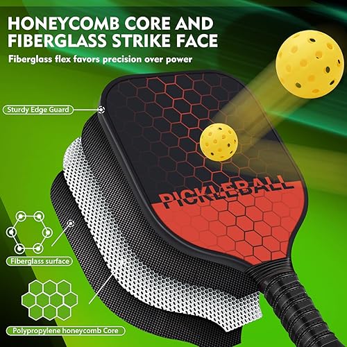 Miniatura 4 de Juego de 2 palas de pickleball ligeras, juego de pickleball de fibra de vidrio, agarre cómodo, ergonómico, núcleo de panal de abeja, regalos de