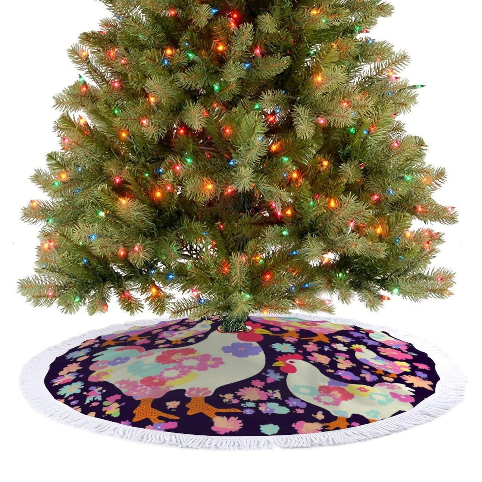 Flower Heart Chicken Christmas Tree Skirt 30"x30" Rustic Xmas Tree Mat with Tassel Ornament Christmas Trees Cover Skirt Mat for Evergreen Trees Ornament Winter Holiday Mats Decorations