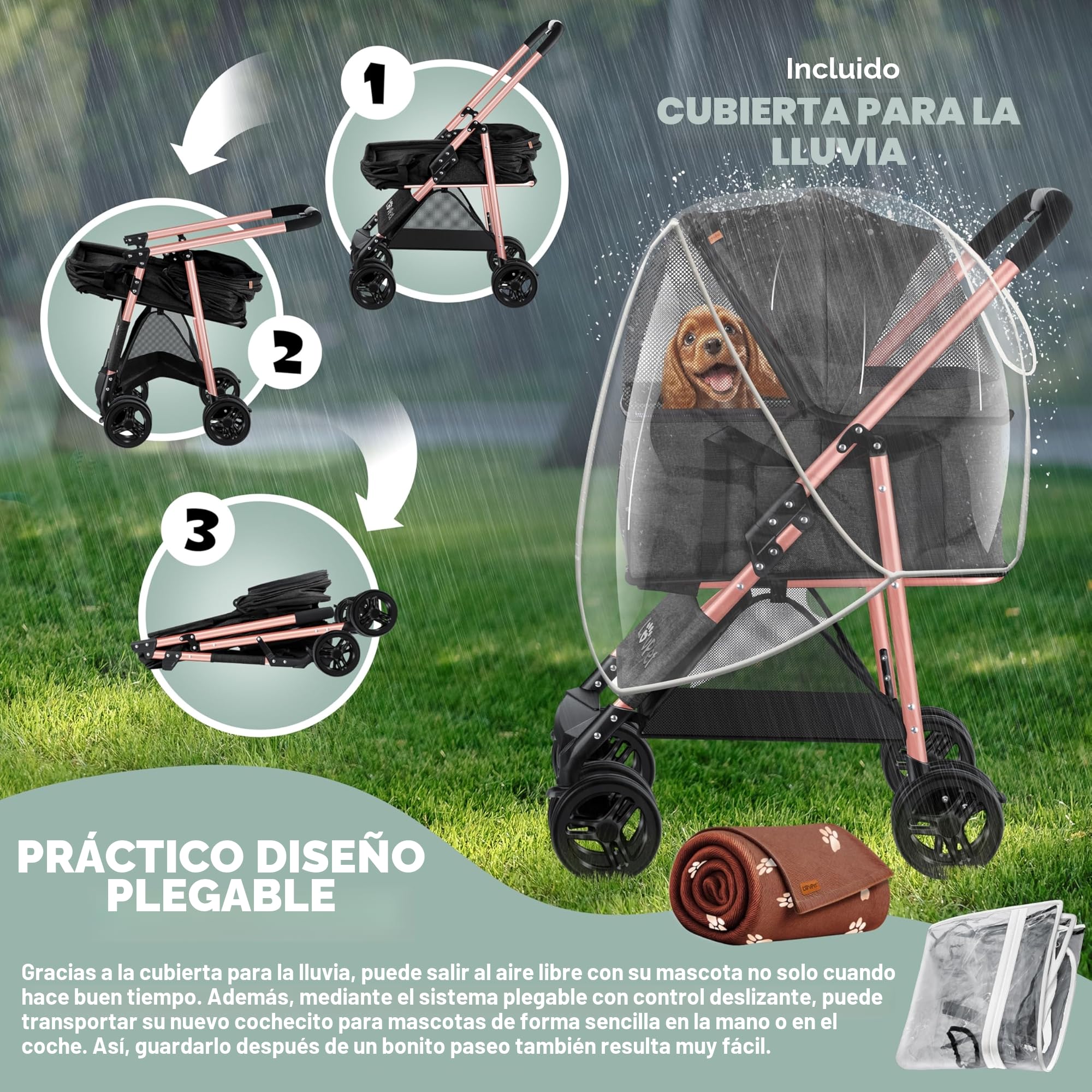 LOVPET Cochecito para perros 2 en 1, bolsa de transporte, plegable, hasta 20 kg, con ventana de red, soporte para bebidas, cubierta de lluvia y manta para correr para mascotas