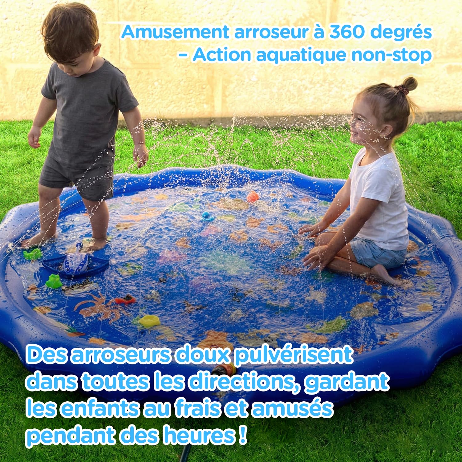 Tapis Aquatique antidérapant KiddoSpace Splash Pad avec Motifs éducatifs, idéal pour l’été en extérieur, Cartes d’Apprentissage et kit de réparation Inclus, sans BPA, Parfait pour bébés et Enfants.